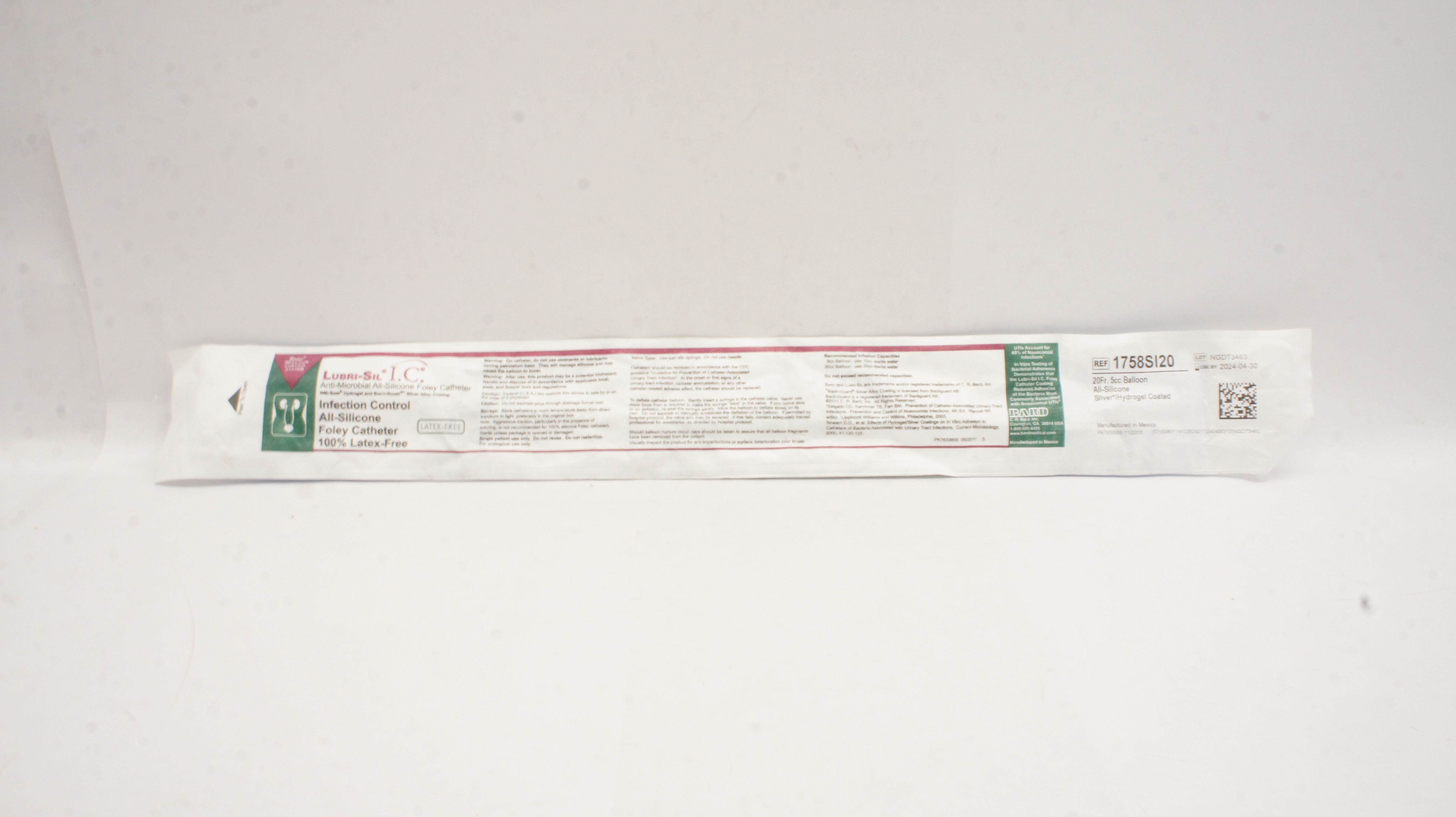 Bard 1758SI20 All-Silicone Silver Hydrogel Coated Foley Cath. 20 Fr. 5cc Balloon