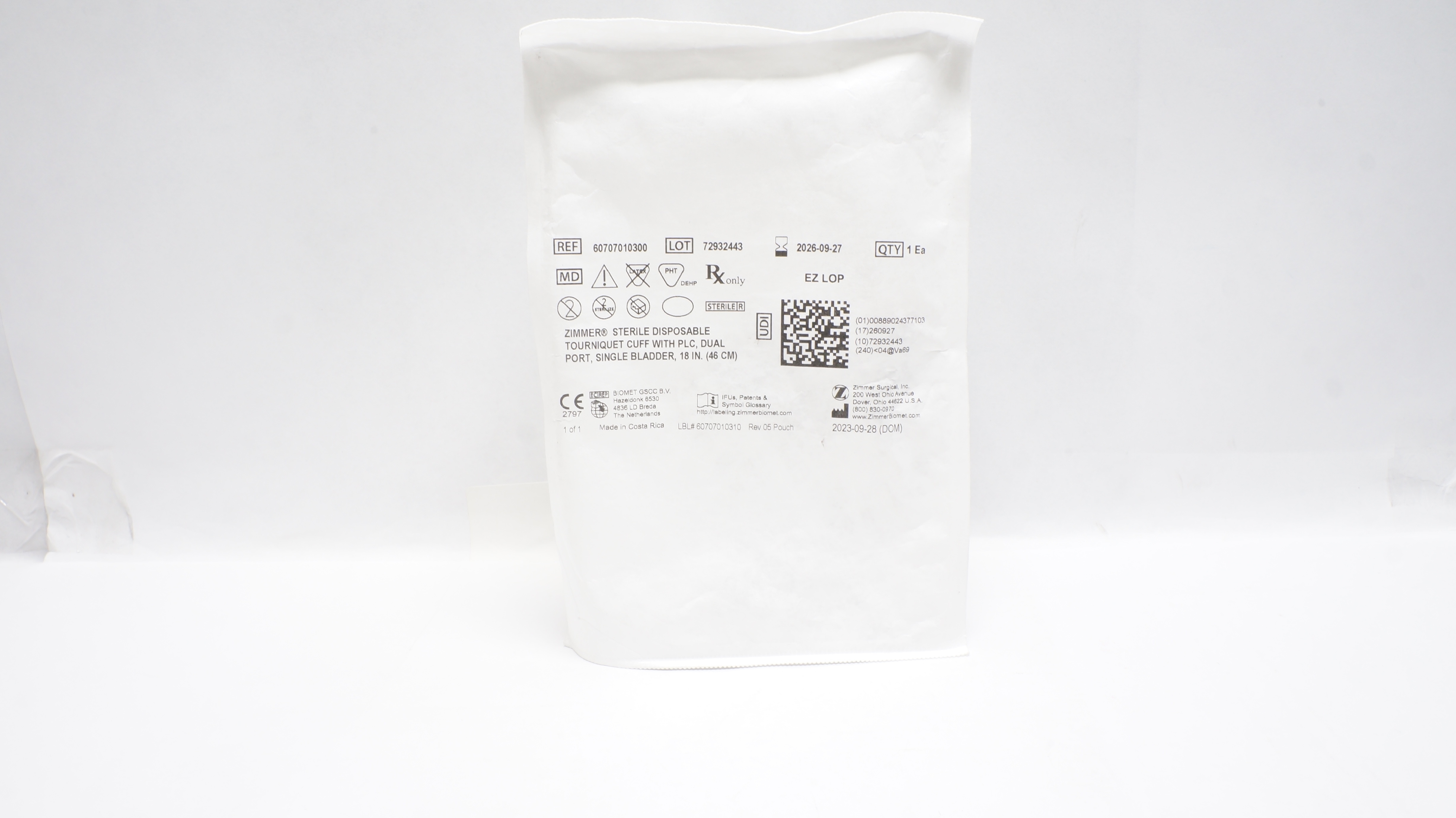 Zimmer 60707010300 Sterile Disposable Tourniquet Cuff Port Single Bladder 18inch