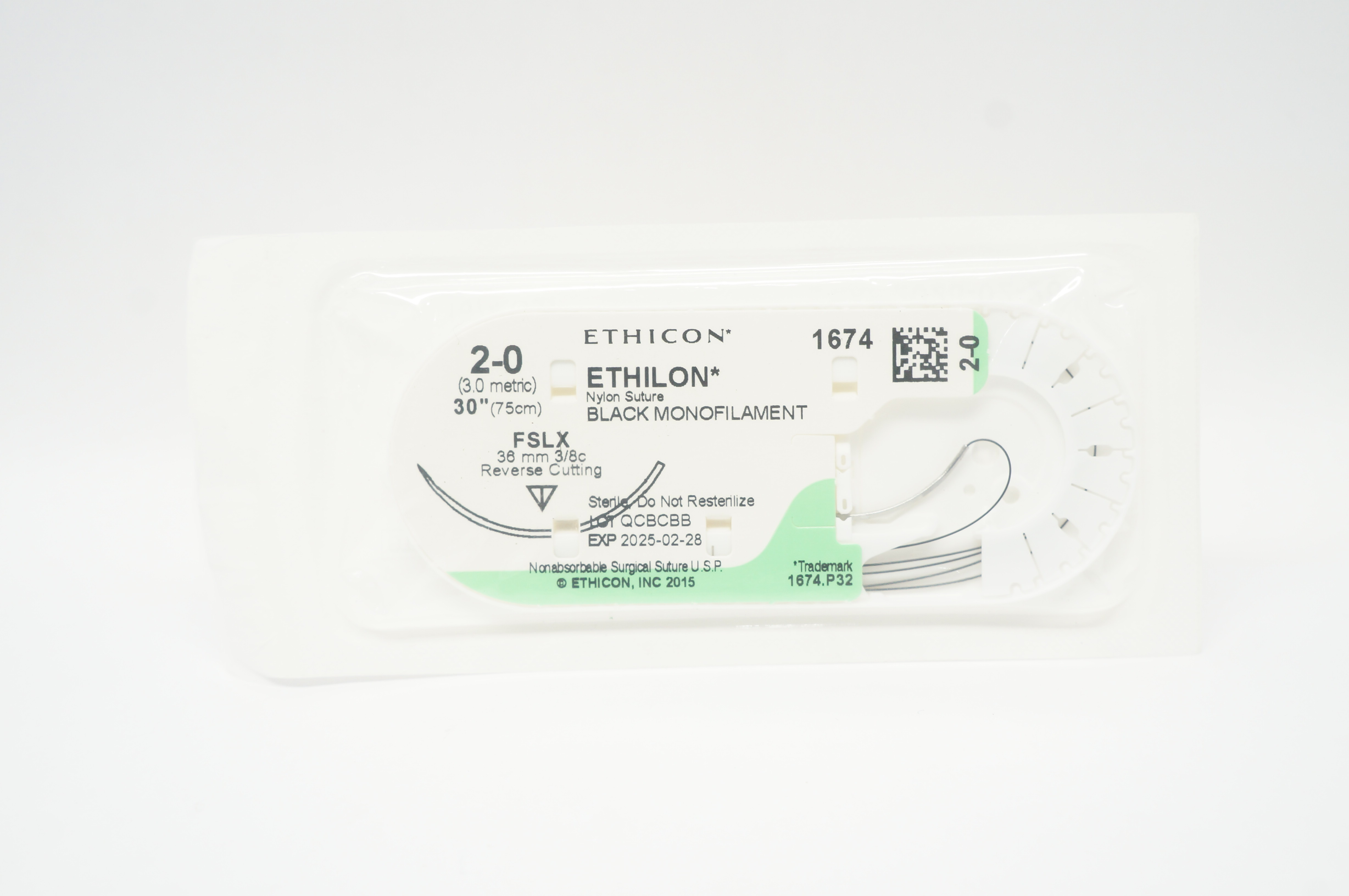 Ethicon 1674 2-0 ETHILON, FSLX, 36mm 3/8c Reverse Cutting, 30inch