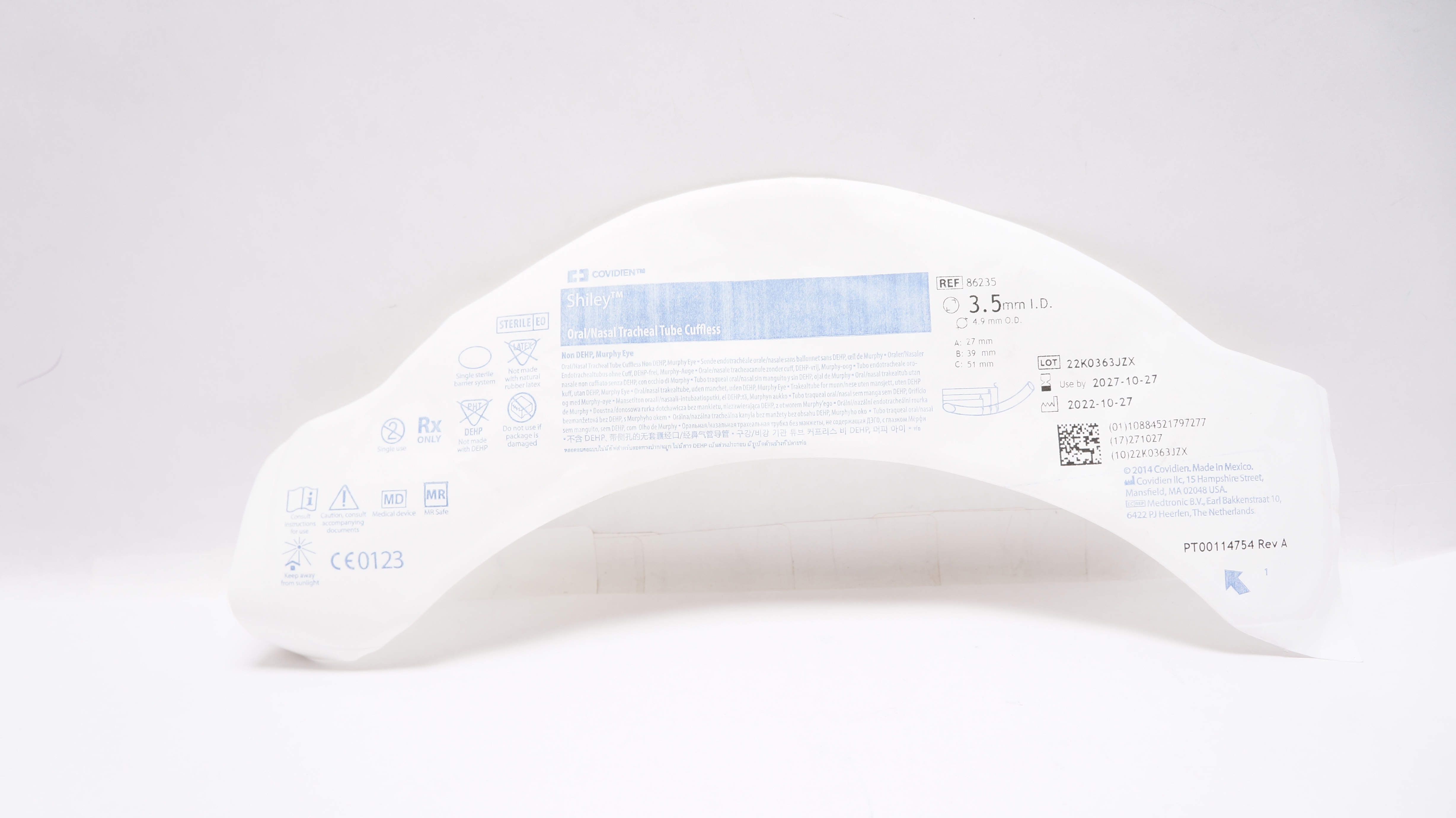 Covidien 86235 Shiley Oral/Nasal Tracheal Tube Cuffless 3.5mm ID x 4.9mm OD (x)