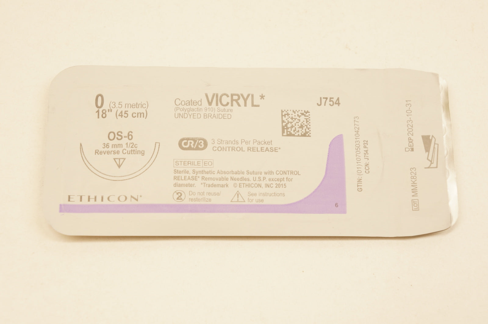 Ethicon J754 0 VICRYL, OS-6, 36mm 1/2c Reverse Cutting, 18inch