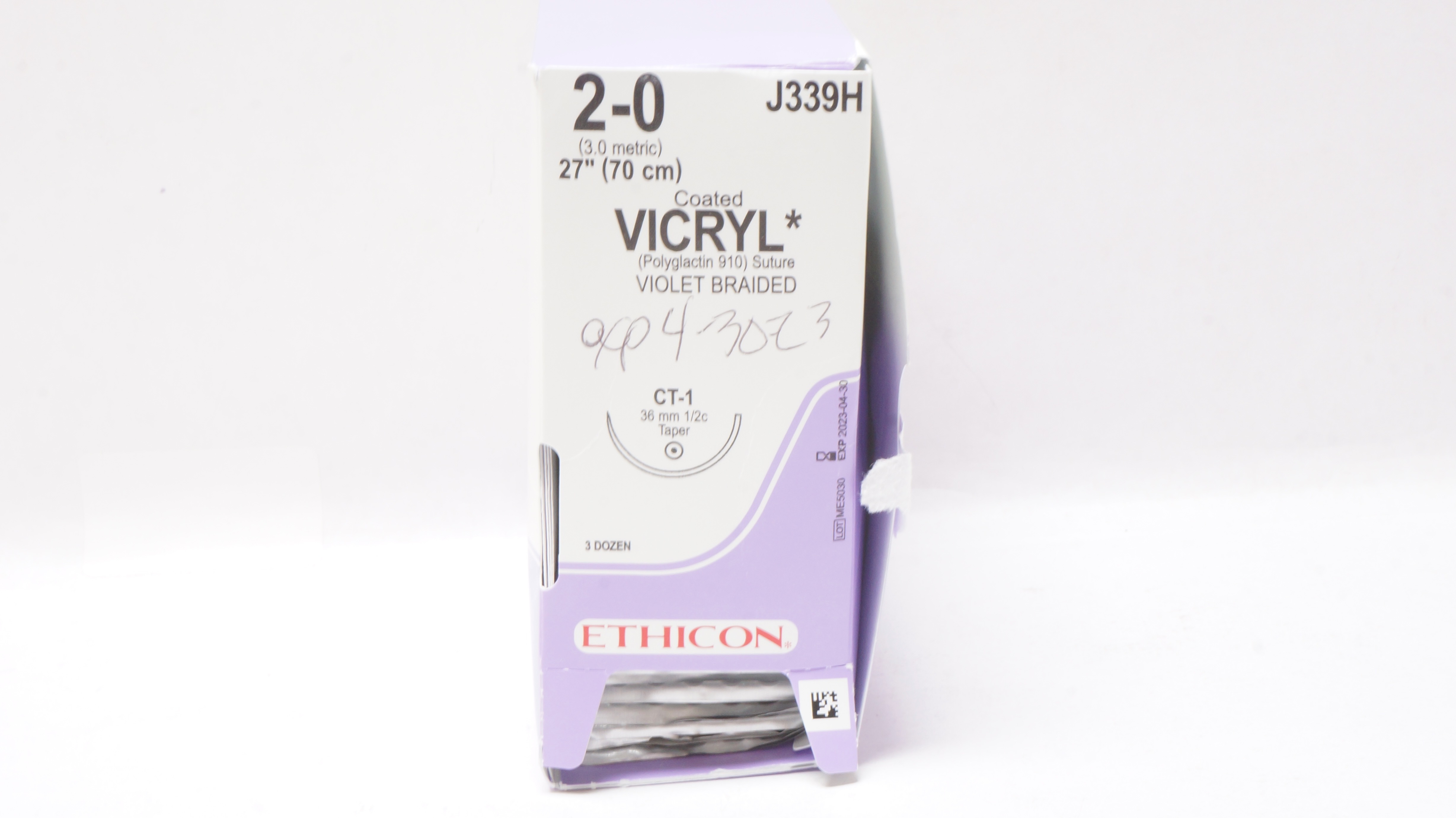Ethicon J339H 2-0 Coated Vicryl Stre CT-1 36mm 1/2c Taper 27In - Box of 34 (x)