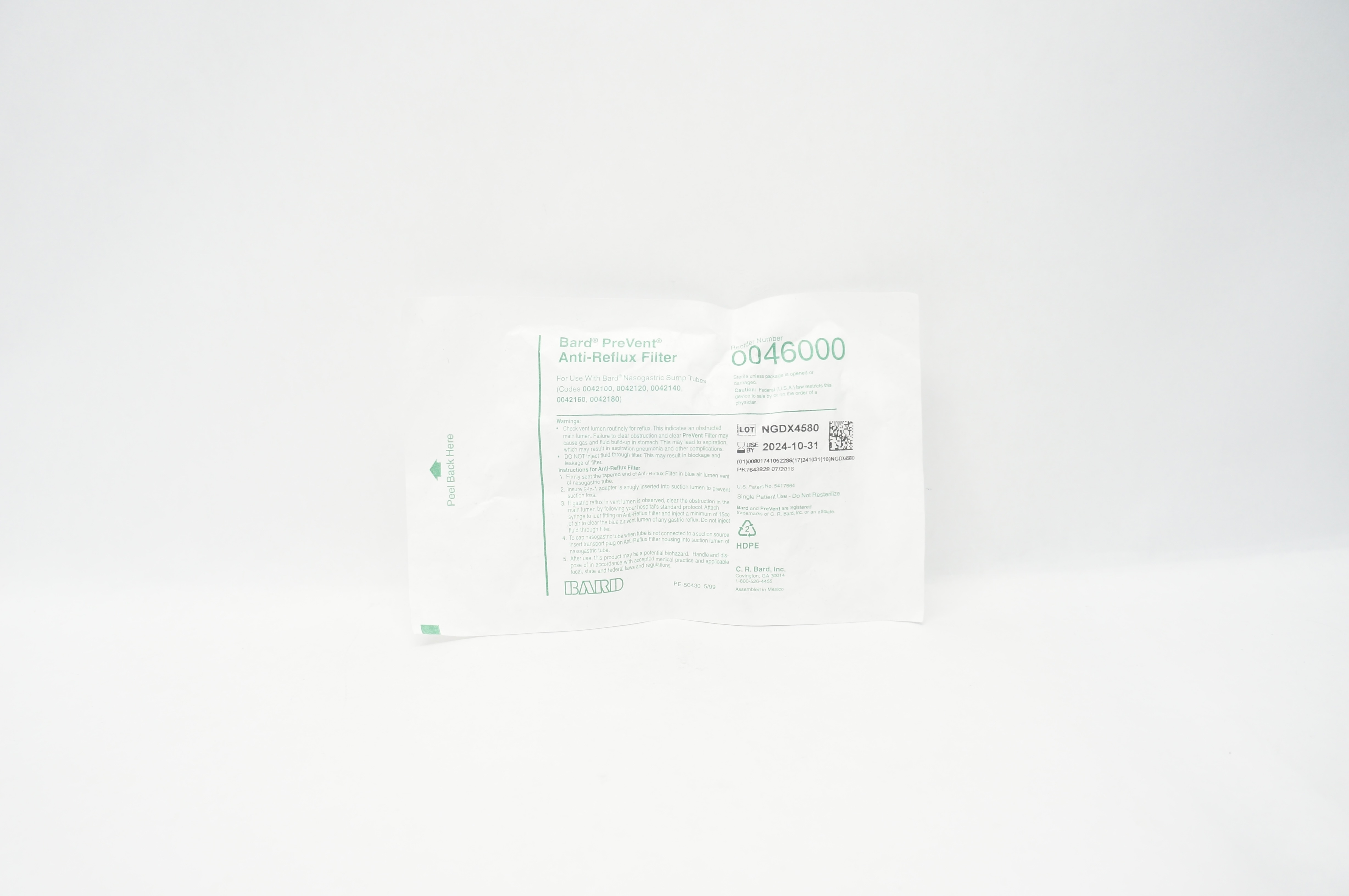 Bard 0046000 PreVent Anti-Reflux Filter