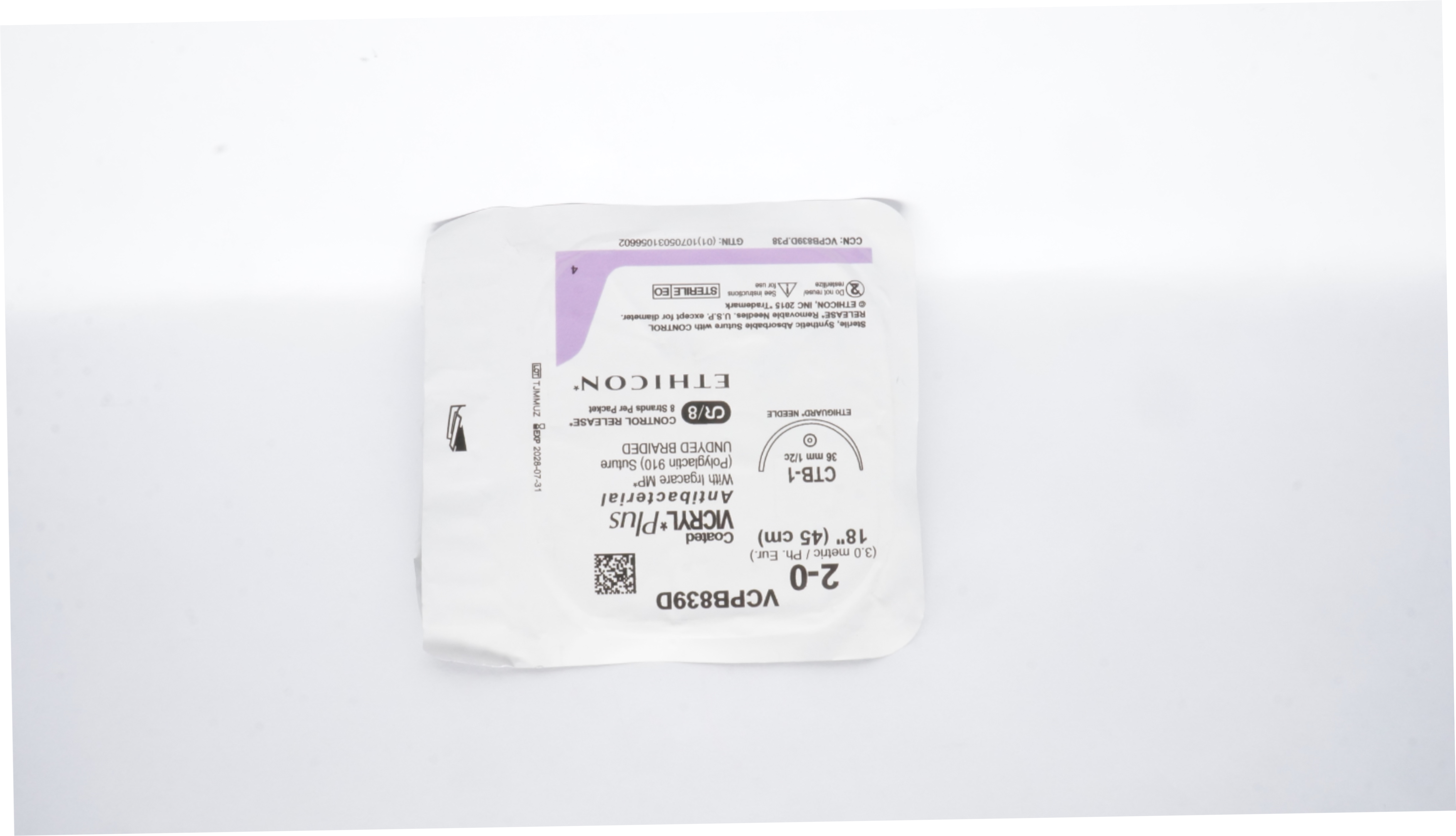 Ethicon VCPB839D 2-0 Coated Vicryl+ Antibacterial Stre. CTB-1 36mm 1/2c 18In