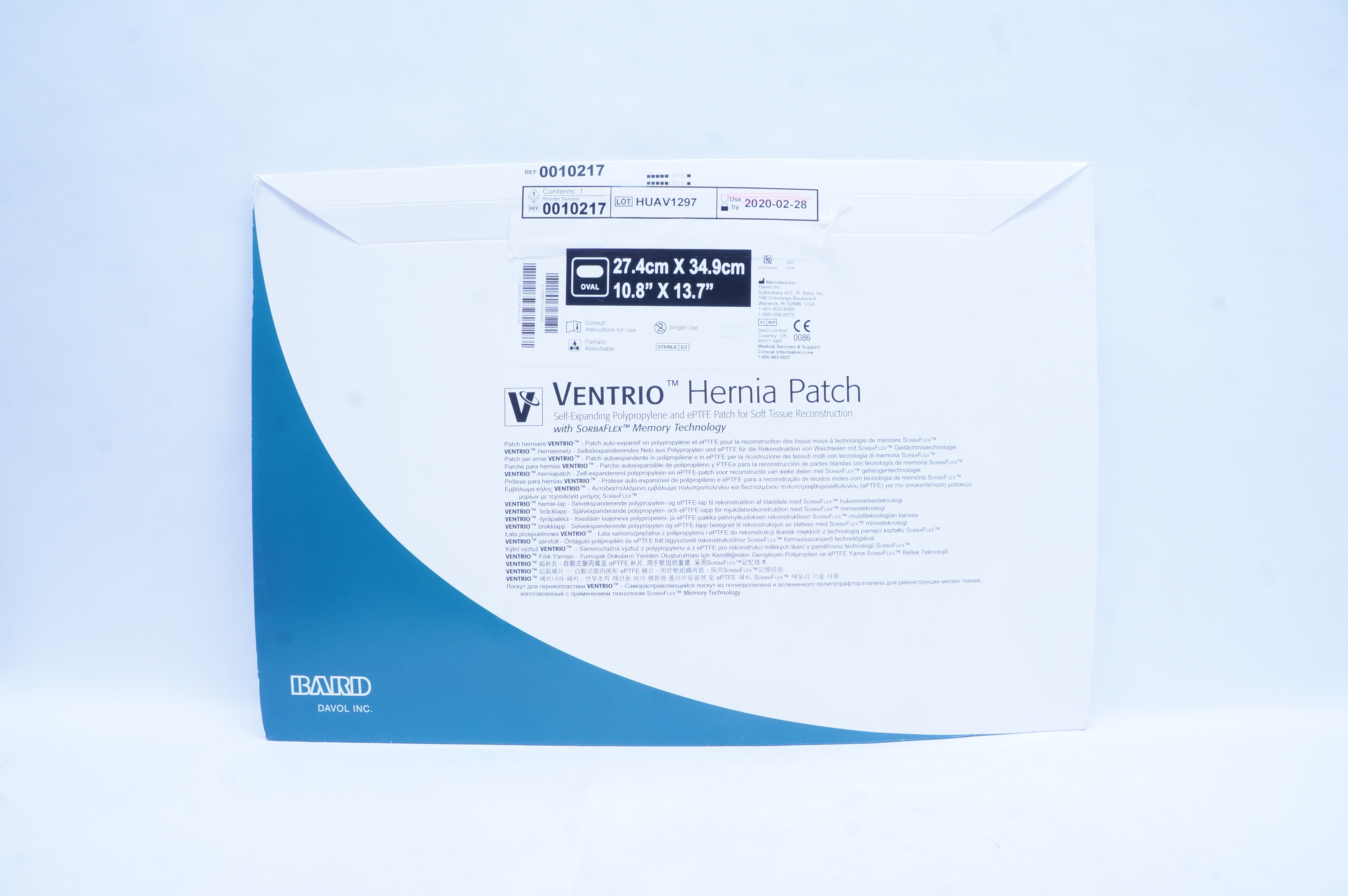 Bard 0010217 Ventrio Hernia Patch, Oval, 10.8inch x 13.7inch (x)