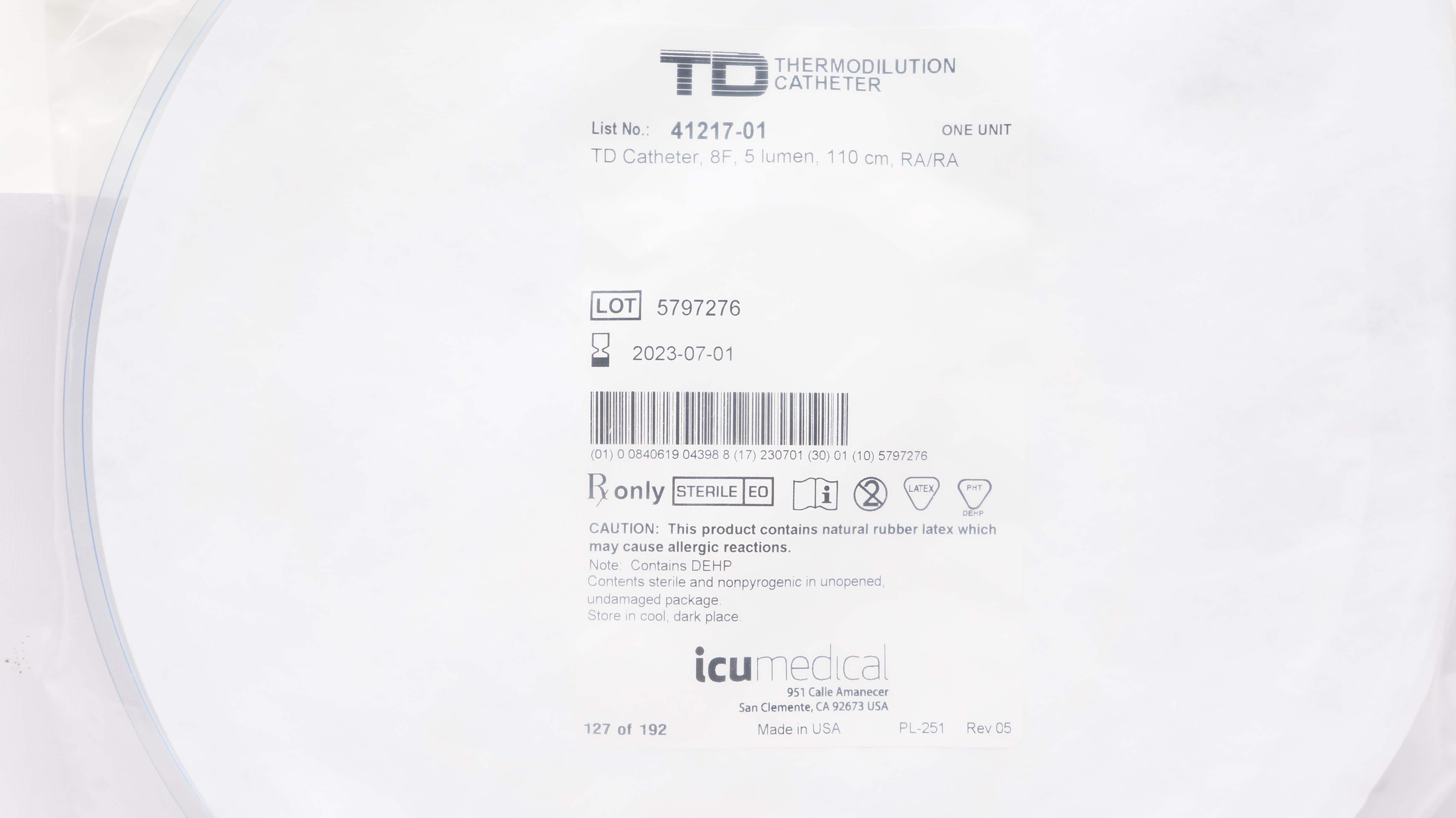 ICU Medical 41217-01 TD Thermodilution Cath. 5 Lumen 8F x 110cm RA/RA (x)