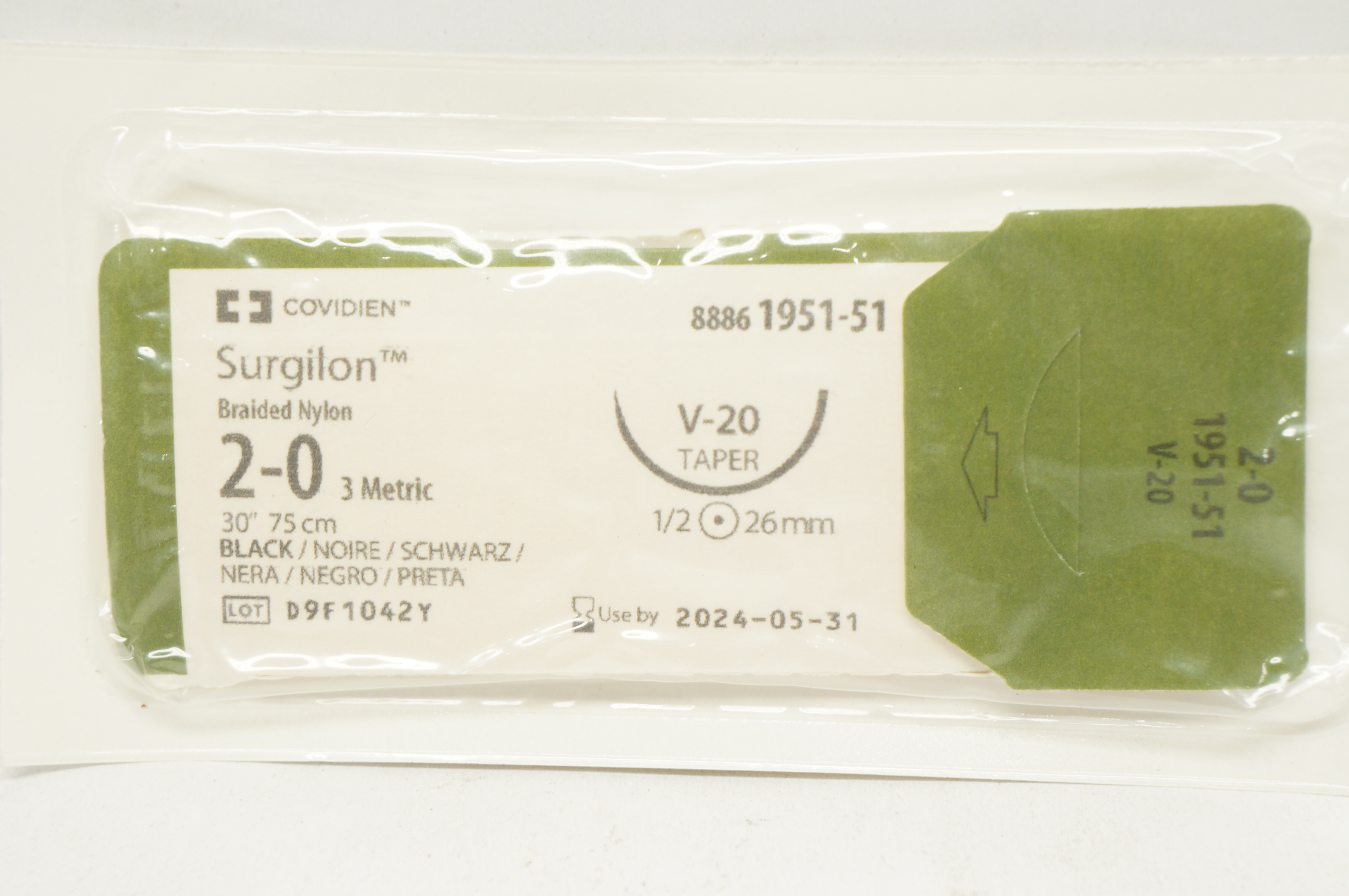Covidien 1951-51 2-0 Surgilon Braided Nylon Stre V-20 Taper 1/2 26mm, 30 inch