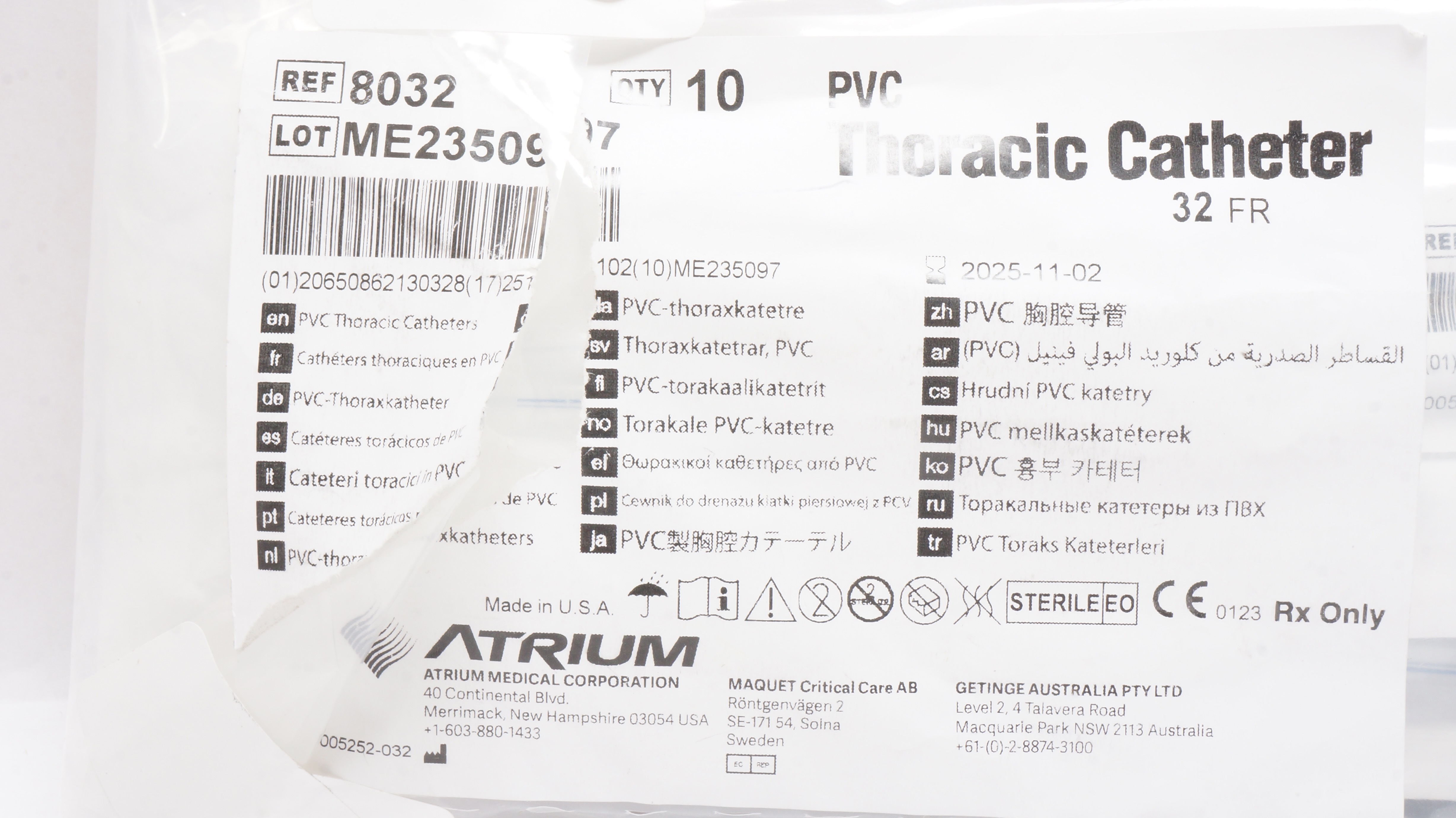 Atrium 8032 PVC Thoracic Cath. 32 Fr - Pack of 10