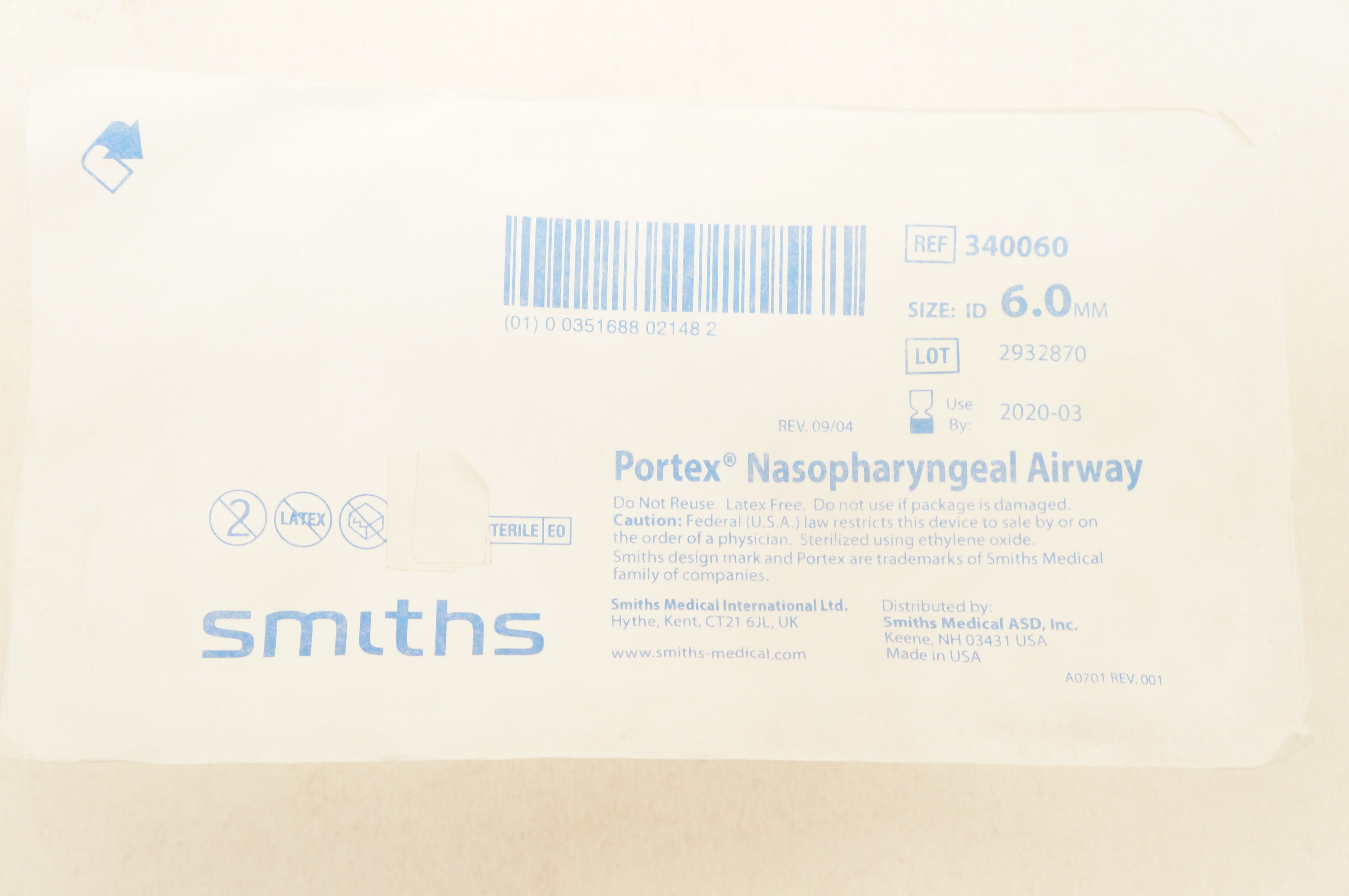 Smith Medical 340060 Portex Nasopharyngeal Airway 6.0mm (x)
