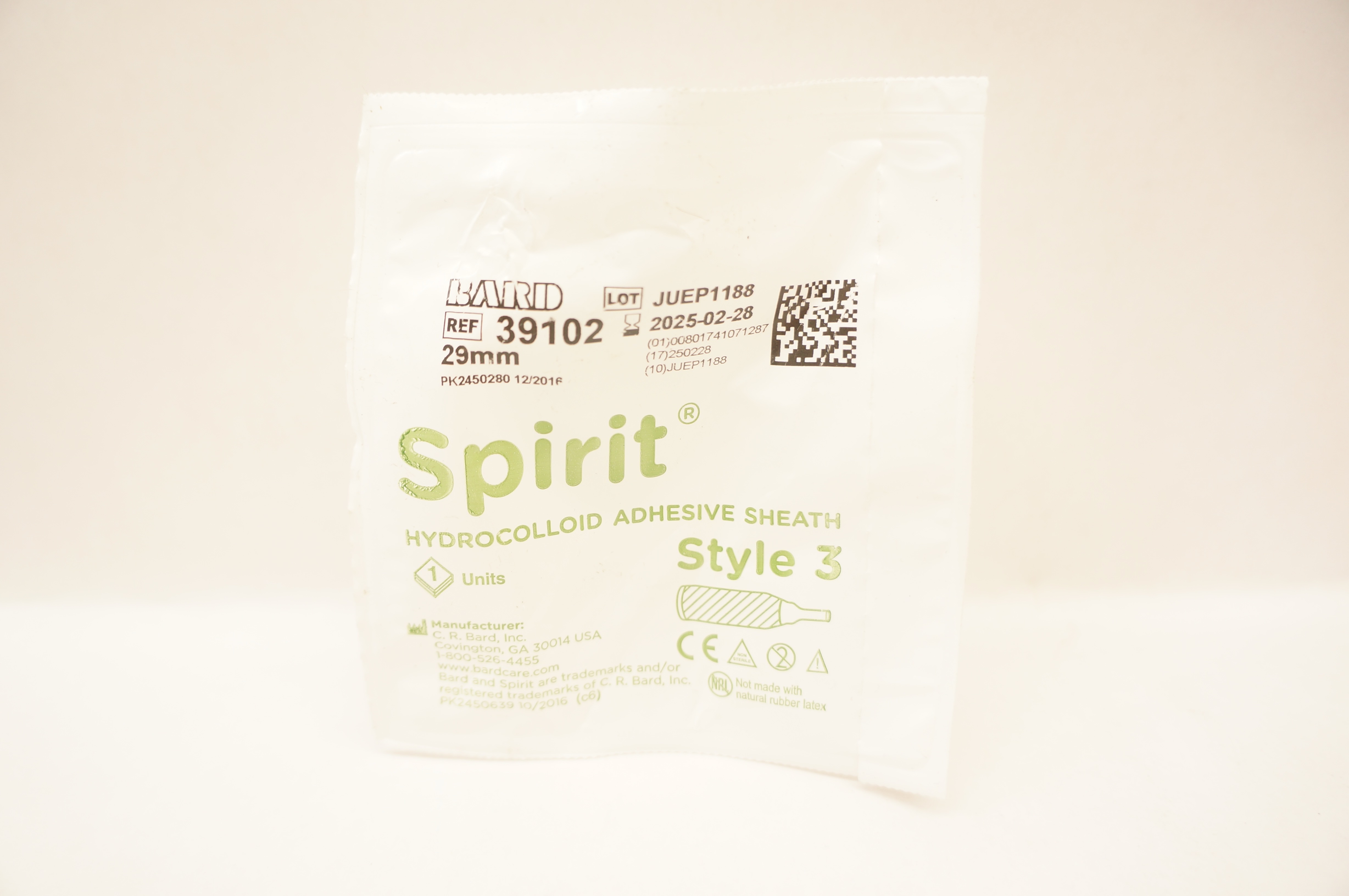 Bard 39102 Spirit Hydrocolloid Adhesive Sheath Style 3 29mm