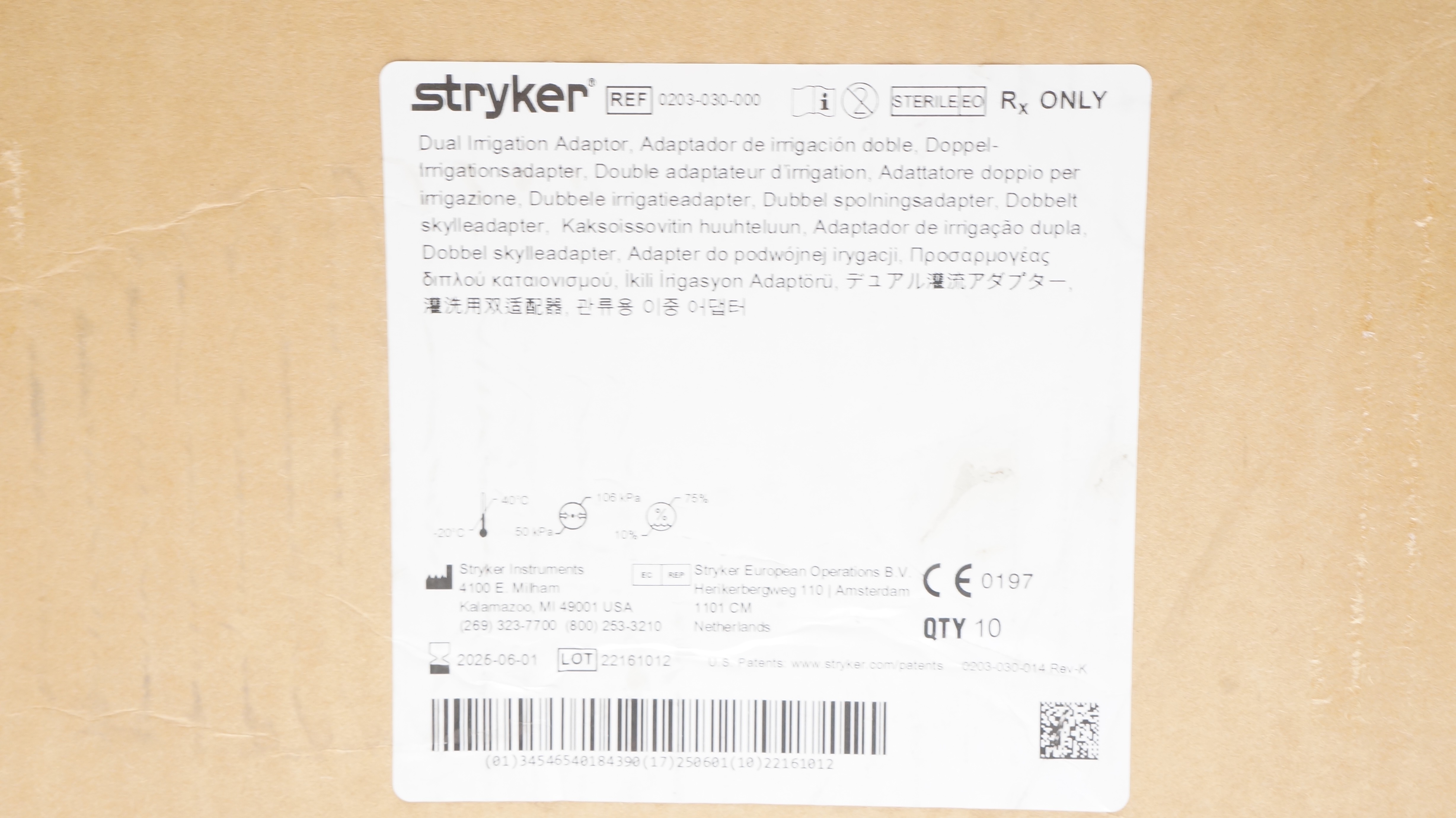 Stryker 0203-030-000 Dual Irrigation Adaptor - Case of 10