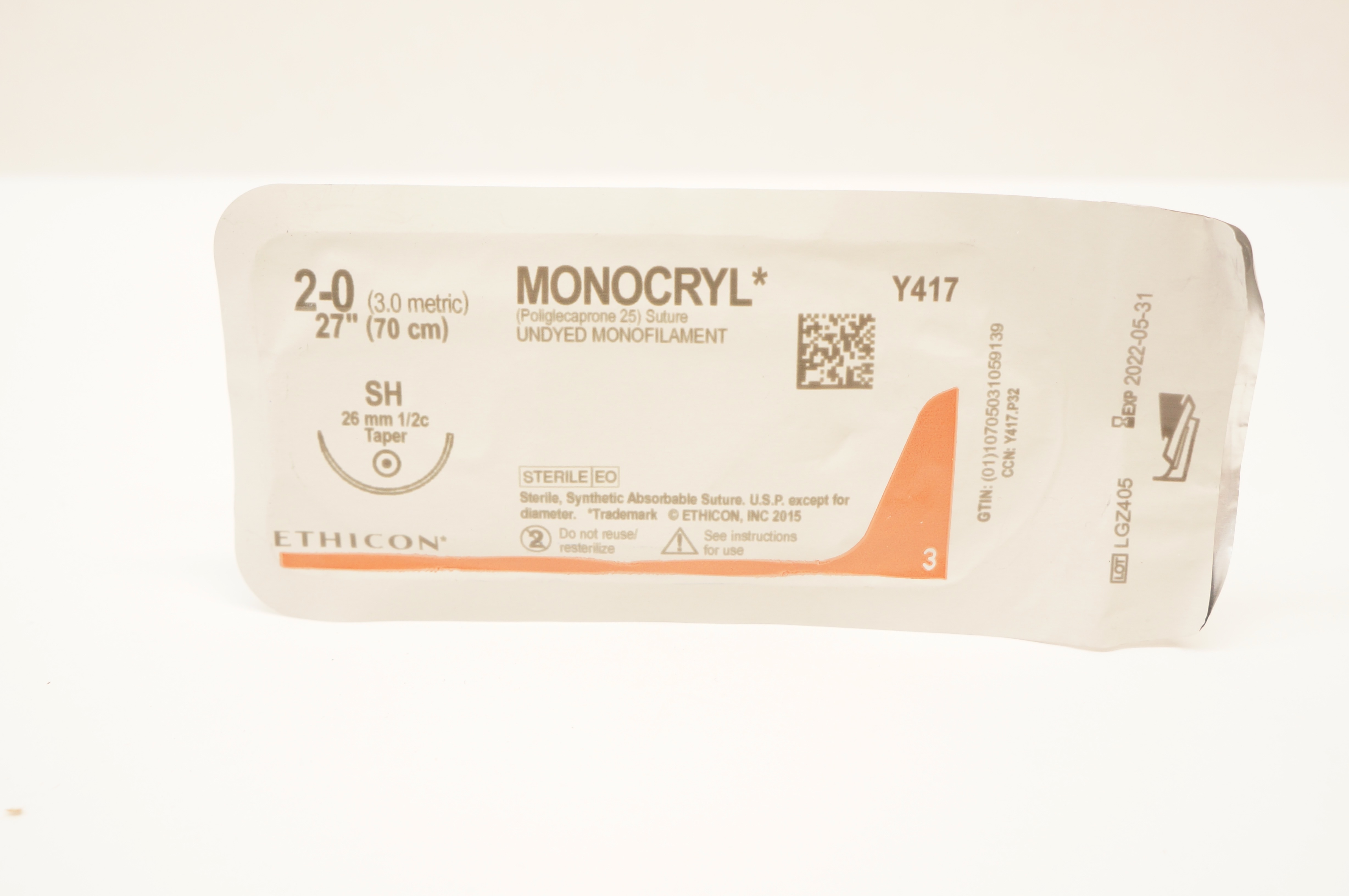 Ethicon Y417 2-0 MONOCRYL Undyed Monofilament SH 26mm 1/2c Taper, 27inch (x)