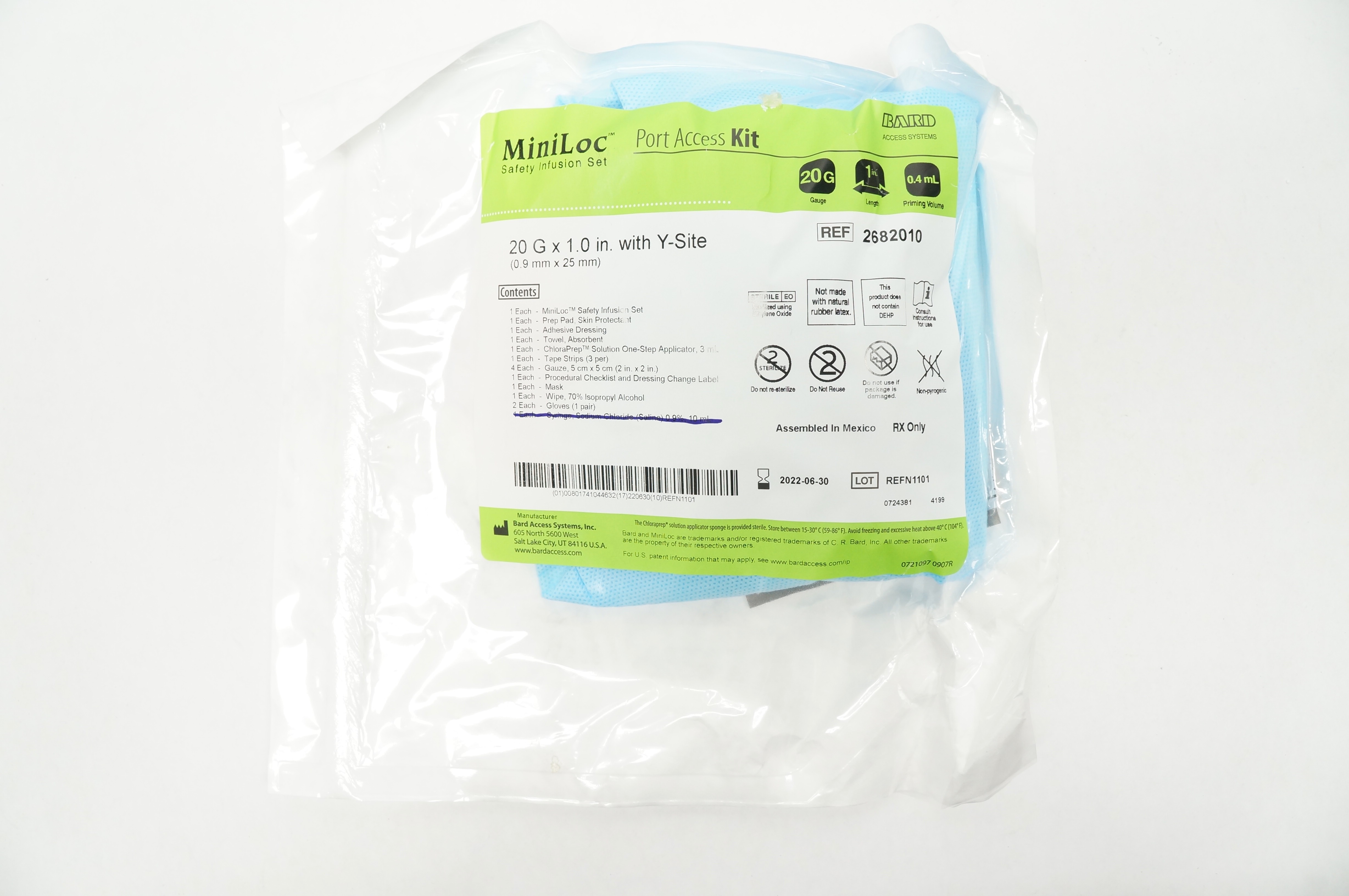 Bard 2682010 MiniLoc Safety Infusion Set Port Access Kit w/Y-Site 20Gx1.0inch(x)