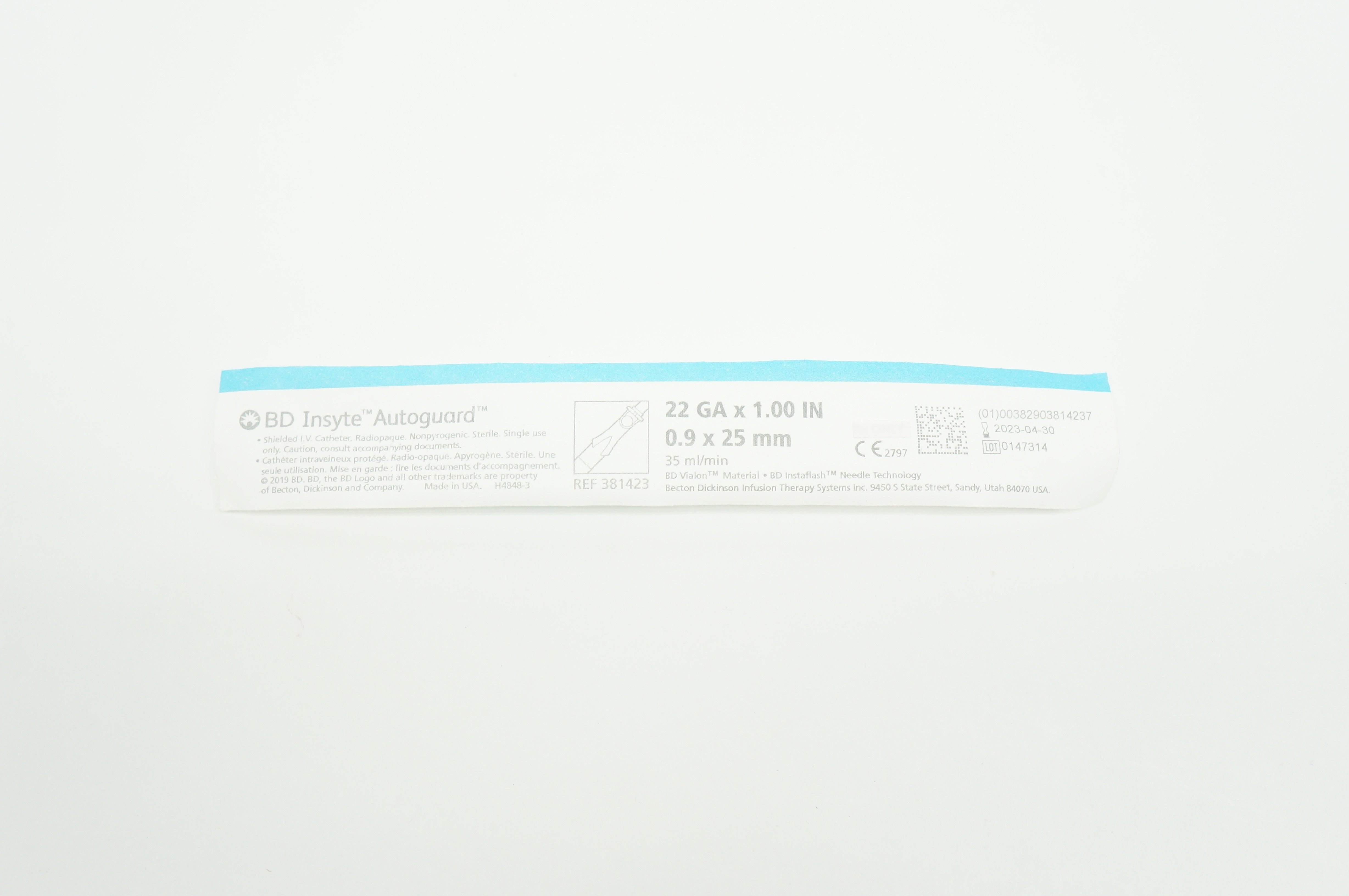 BD 381423 Vialon Autoguard Shielded IV Cath. 22Ga x 1.00inch 35ml/min