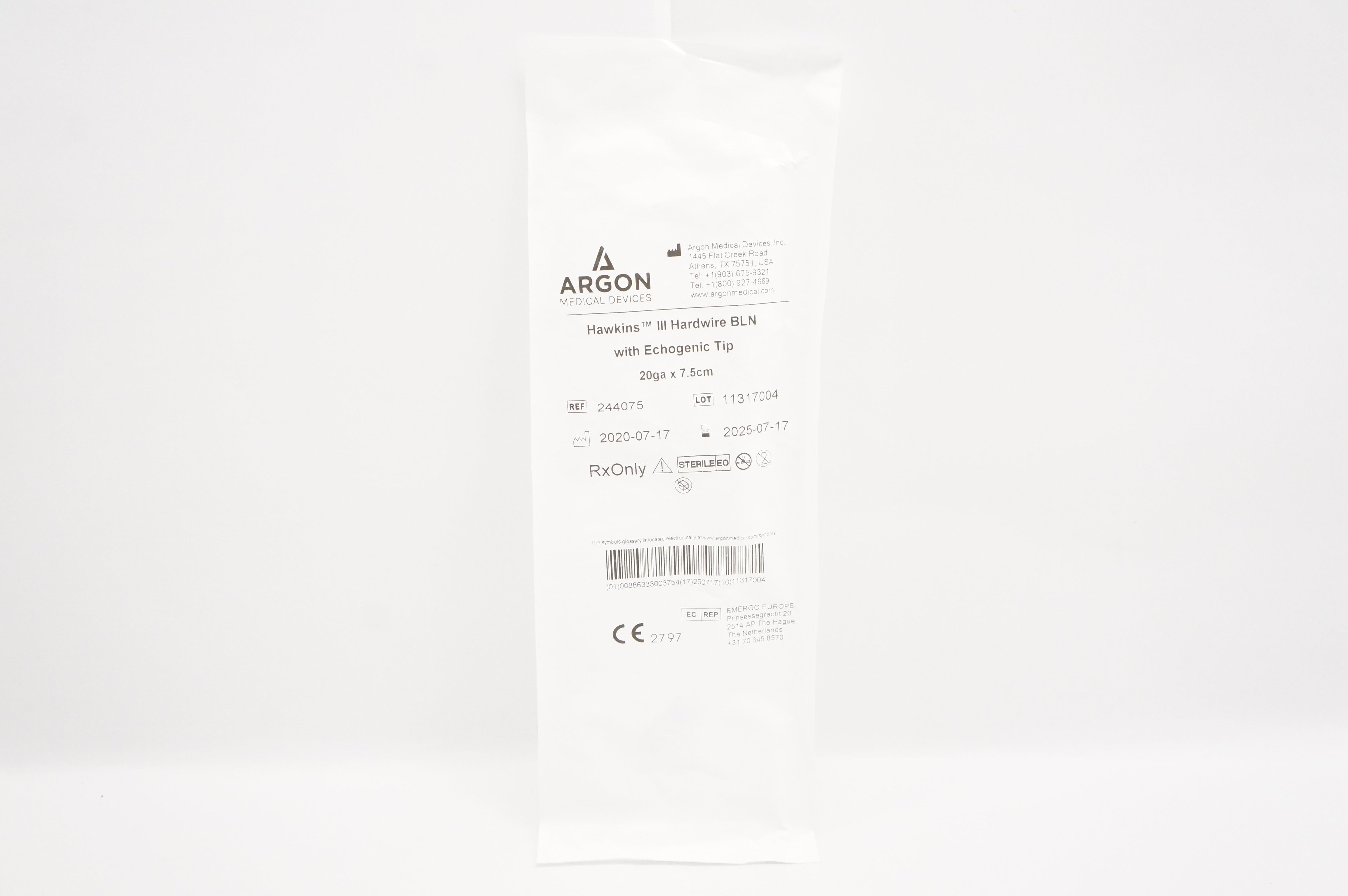 Argon 244075 Hawkins III Hardwire BLN with Echogenic Tip 20ga x 7.5cm