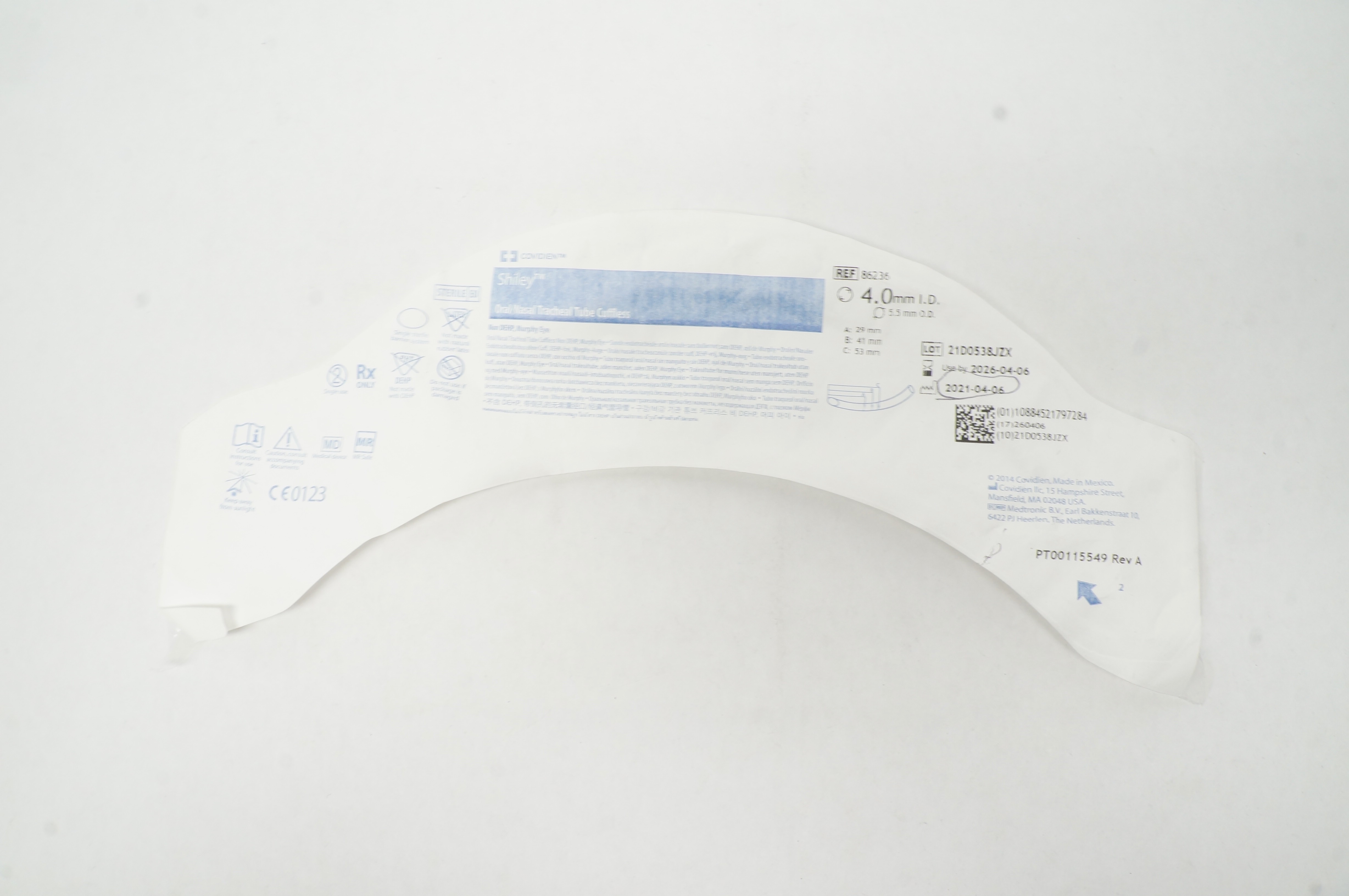 Covidien 86236 Shiley Oral/Nasal Tracheal Tube Cuffless 4.0m ID x 5.5mm OD (x)