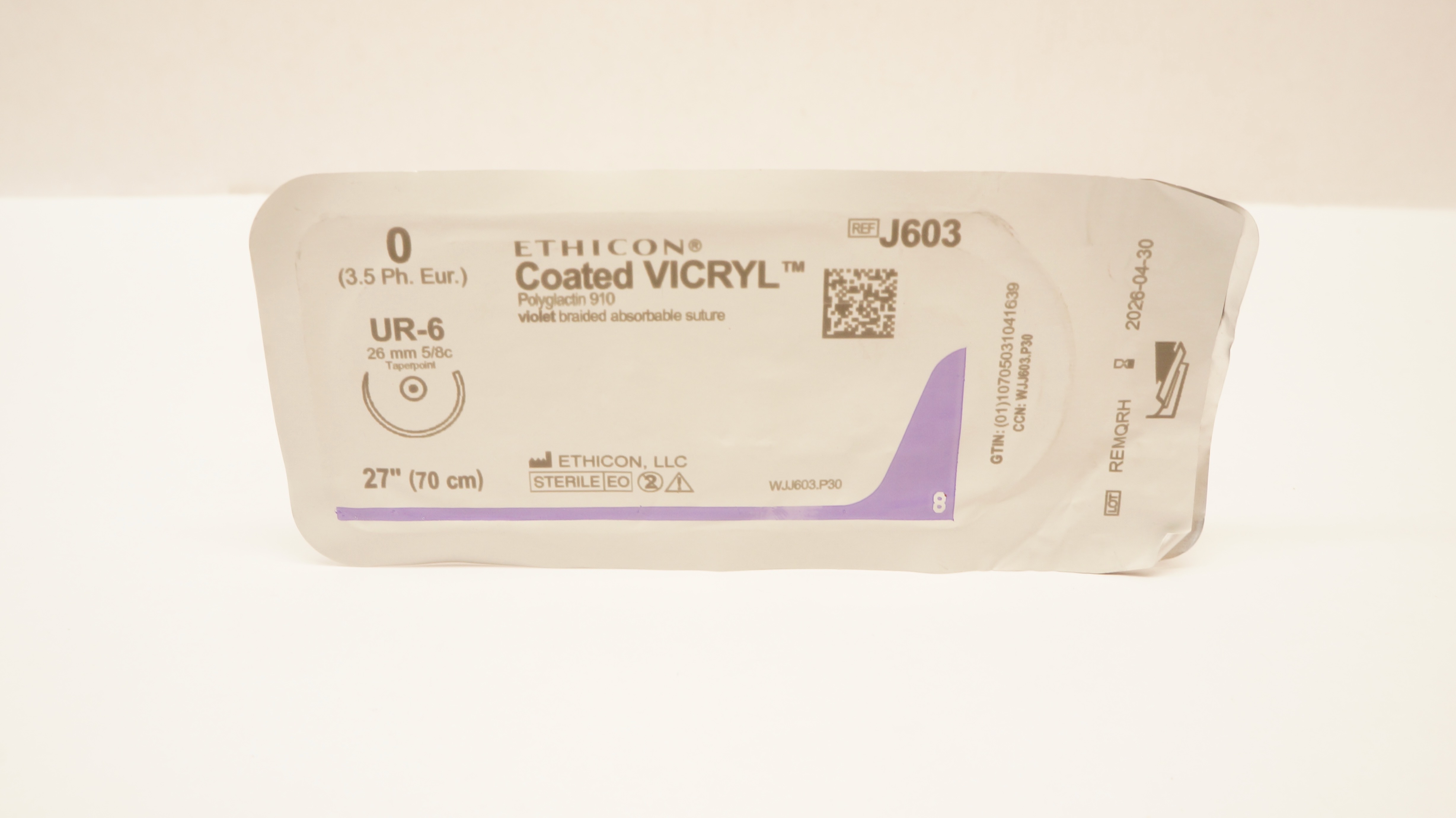 Ethicon J603 0 Coated VICRYL Stre UR-6 26mm 5/8c Taperpoint, 27inch