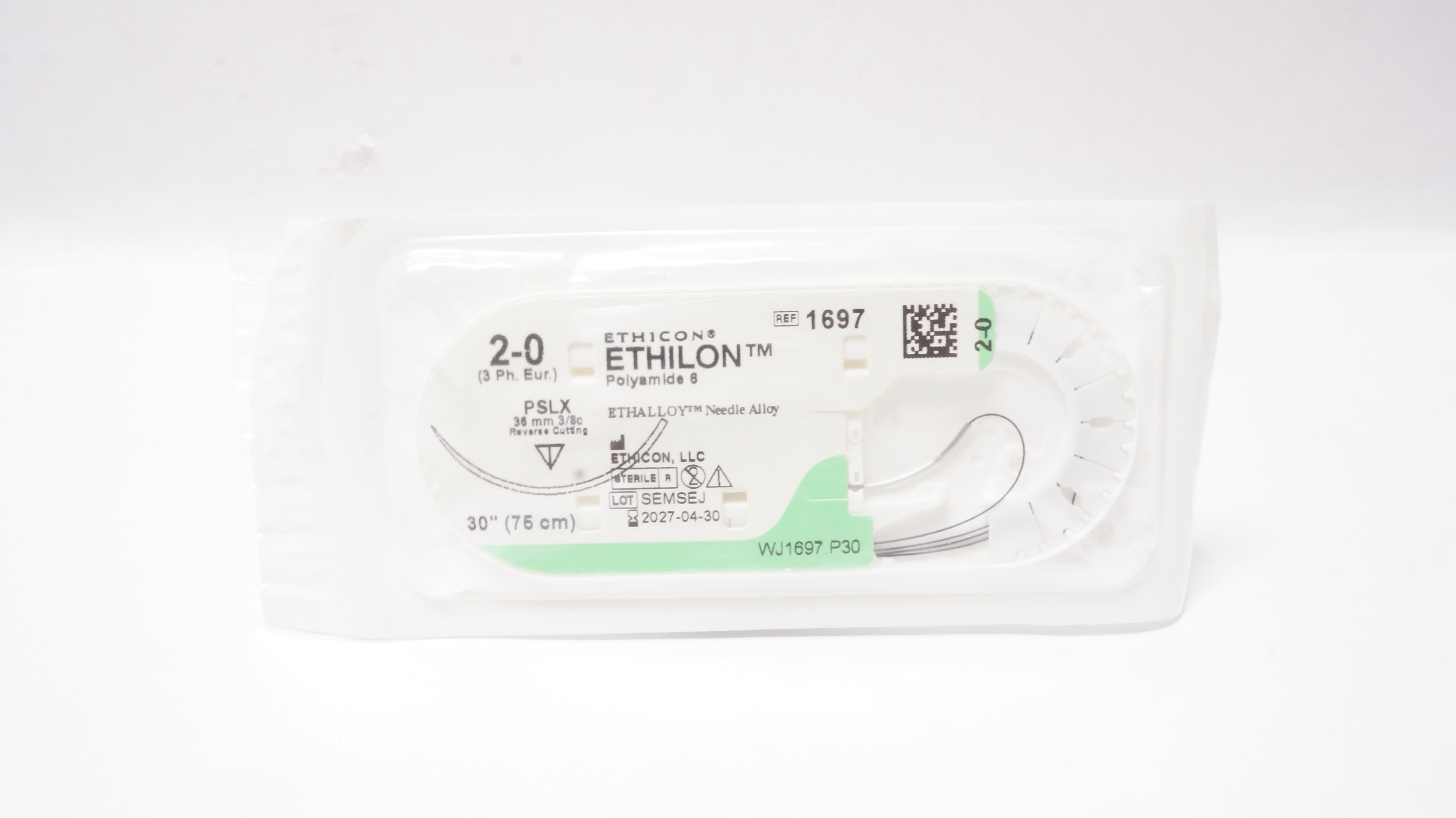 Ethicon 1697 2-0 Ethilon Nylon Stre PSLX 36mm 3/8c Reverse Cutting 30inch