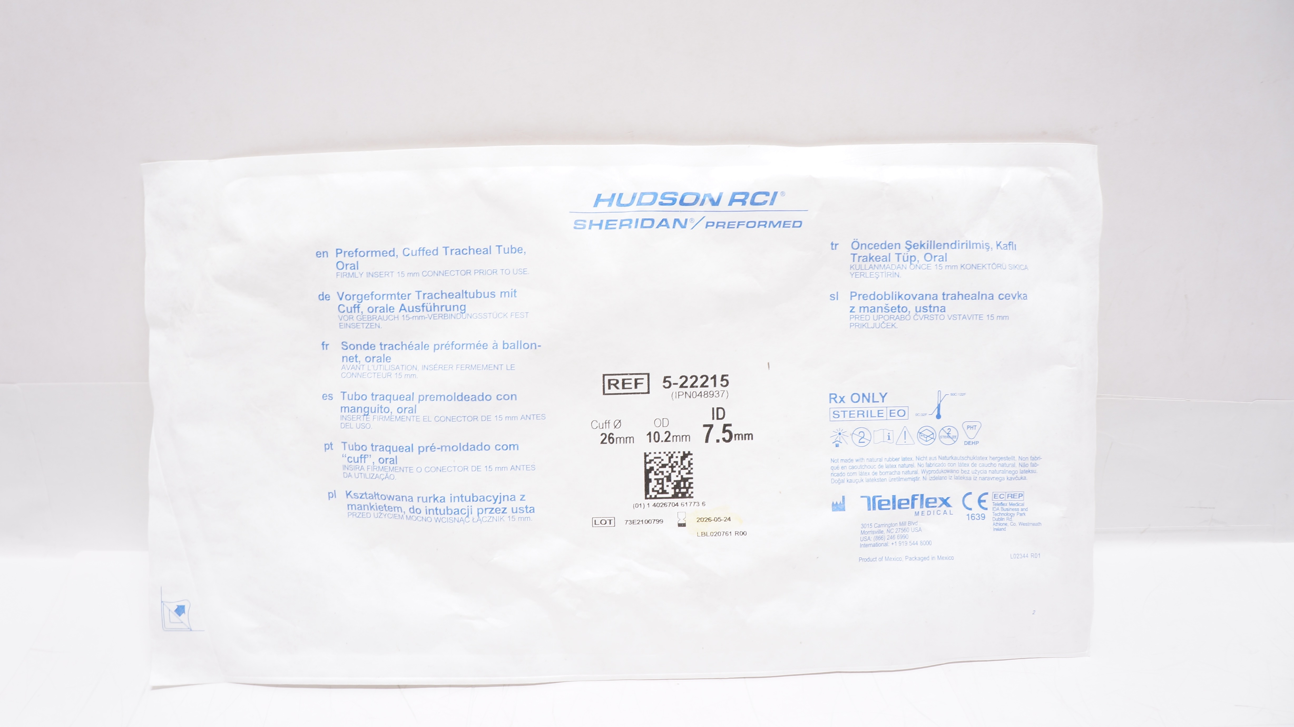 Teleflex 5-22215 Hudson RCI Cuffed Tracheal Tube 10.2OD x 7.5ID x 26mm