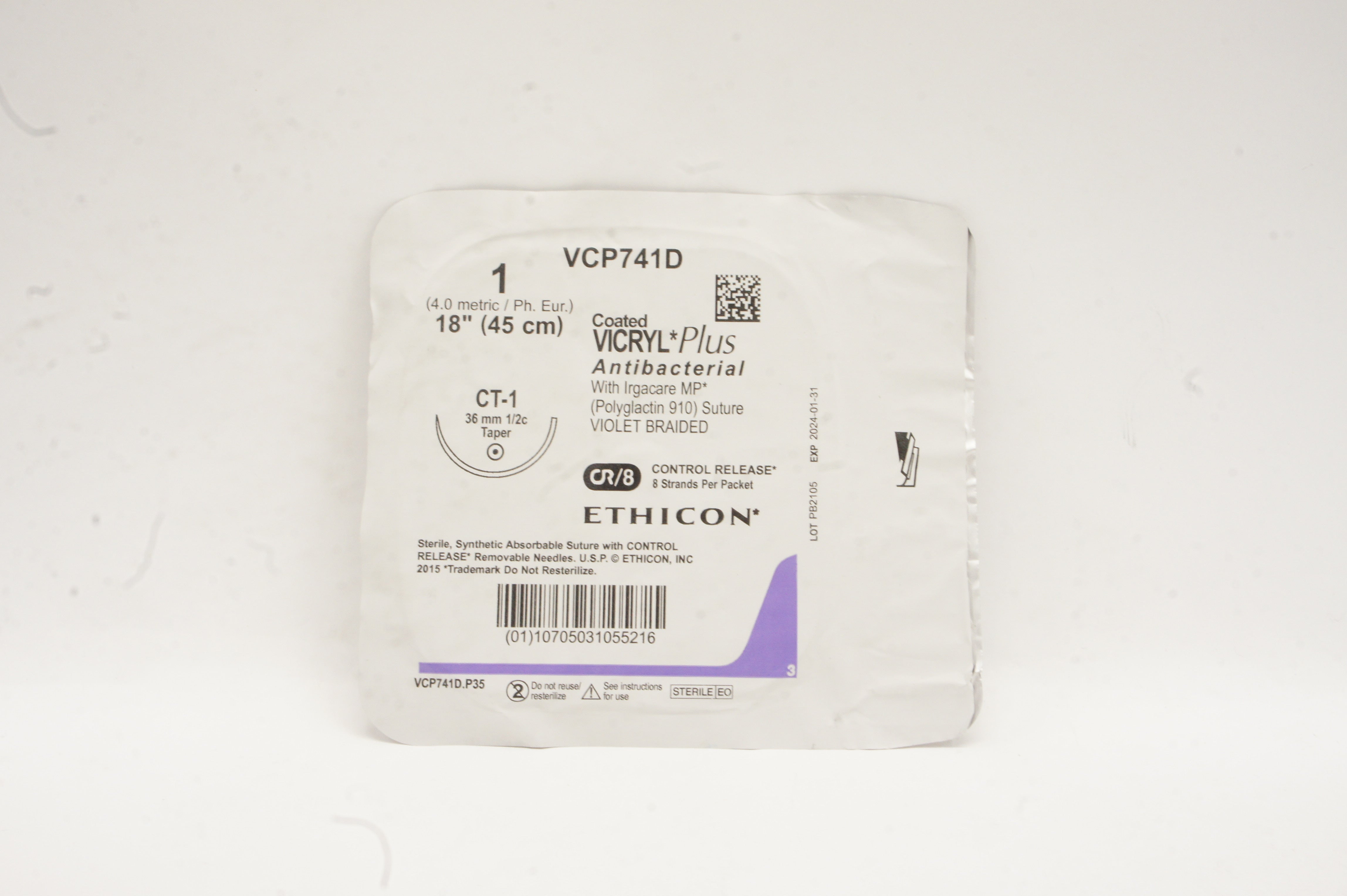 Ethicon VCP741D 1 VICRYL Plus Polyglactin Stre CT-1 36mm 1/2c Taper, 18inch