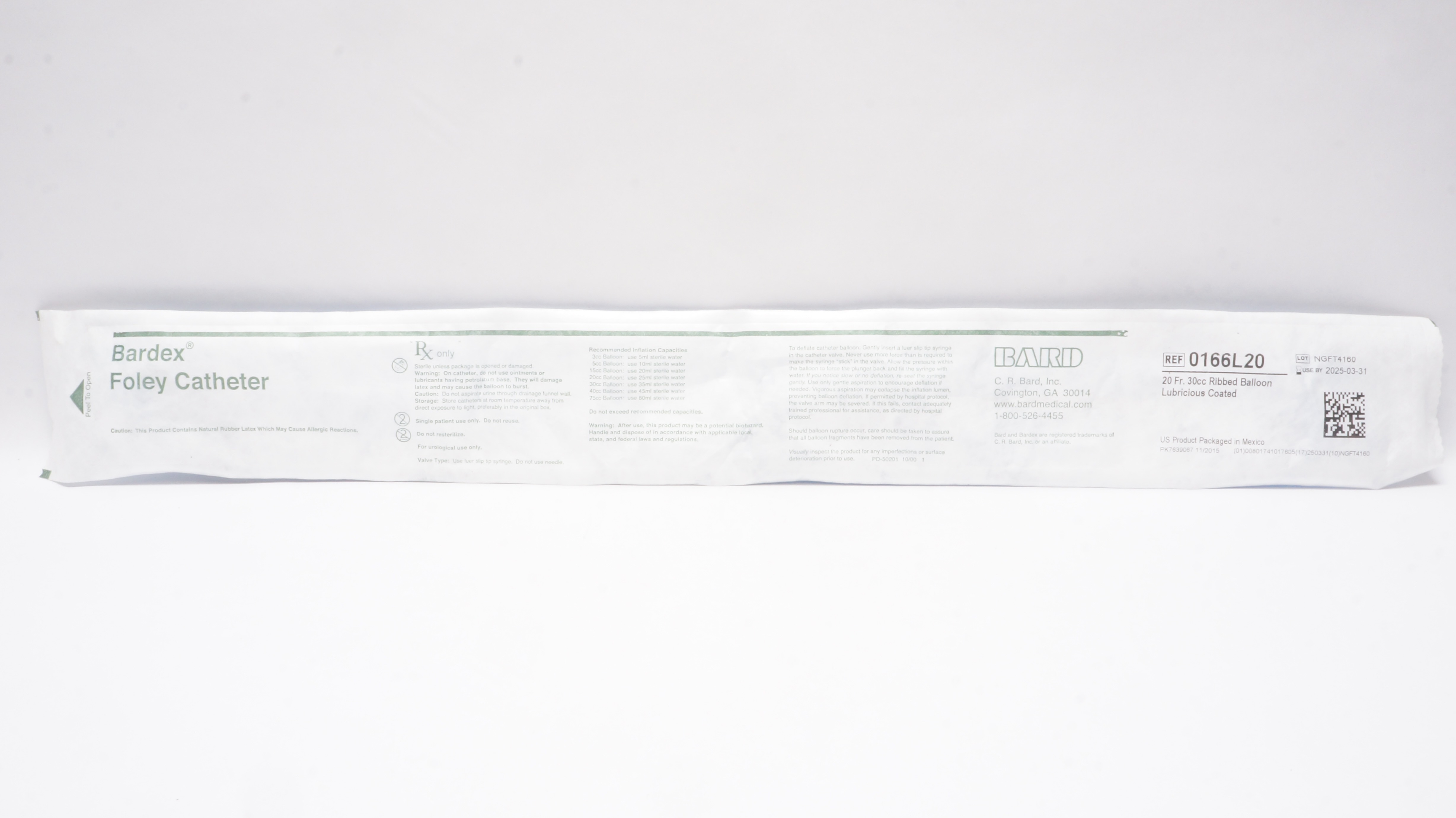 Bard 0166L20 Bardex Foley Cath. 20Fr x 30cc Ribbed Balloon