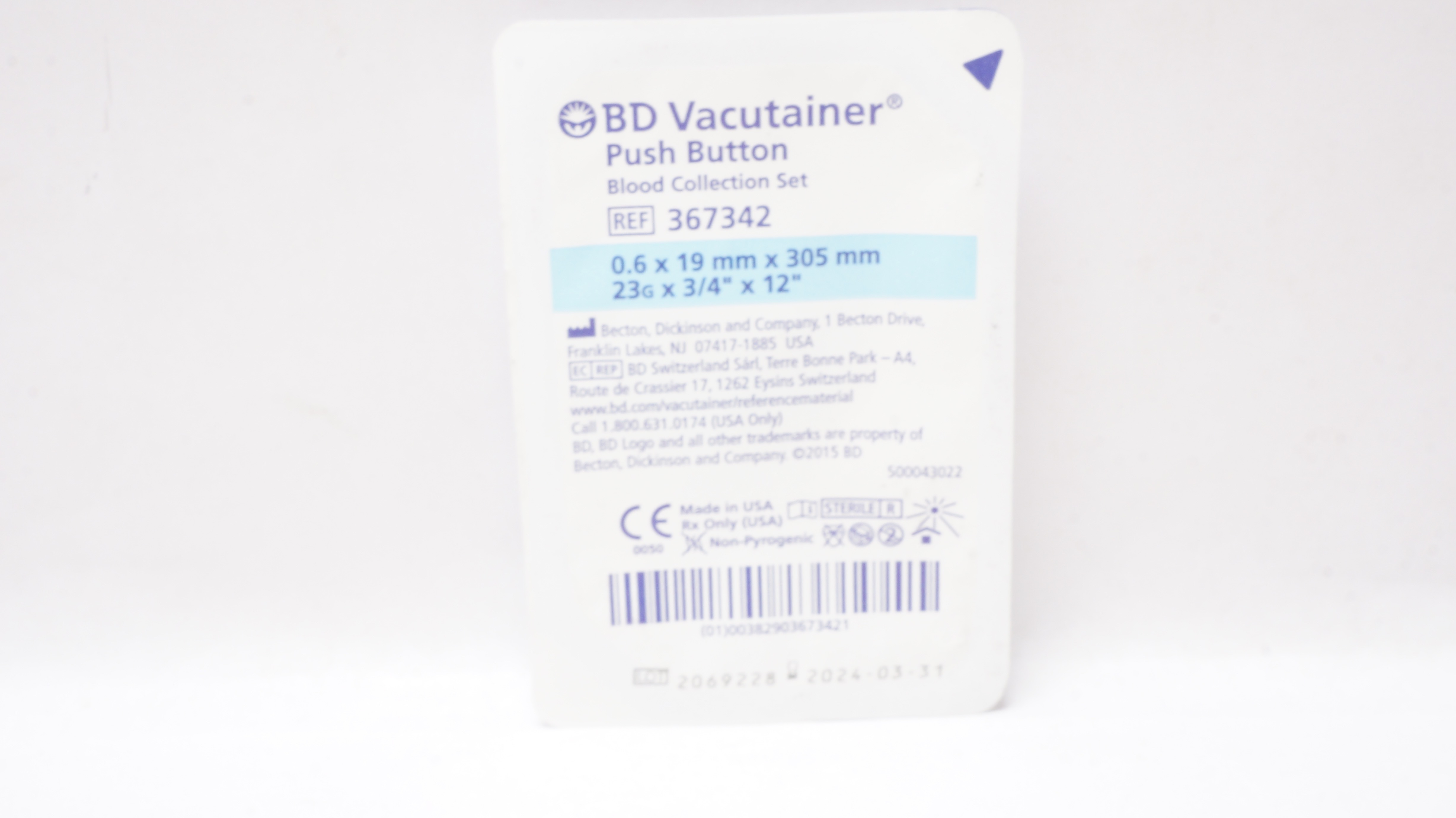 BD 367342 Vacutainer Push Button Blood Collection Set 23G x 3/4inch x 12inch