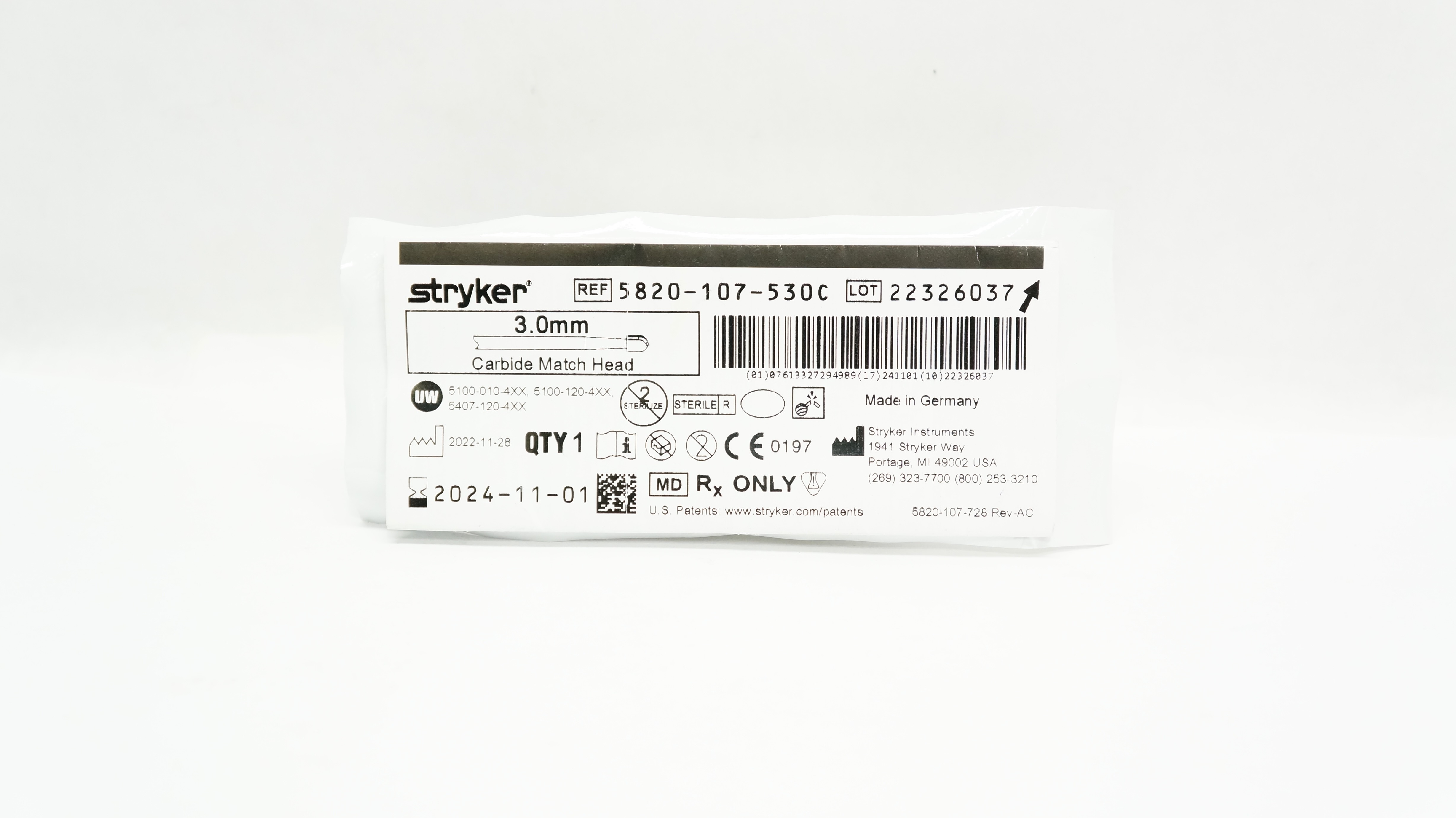 Stryker 5820-107-530C Carbide Match Head 3.0mm