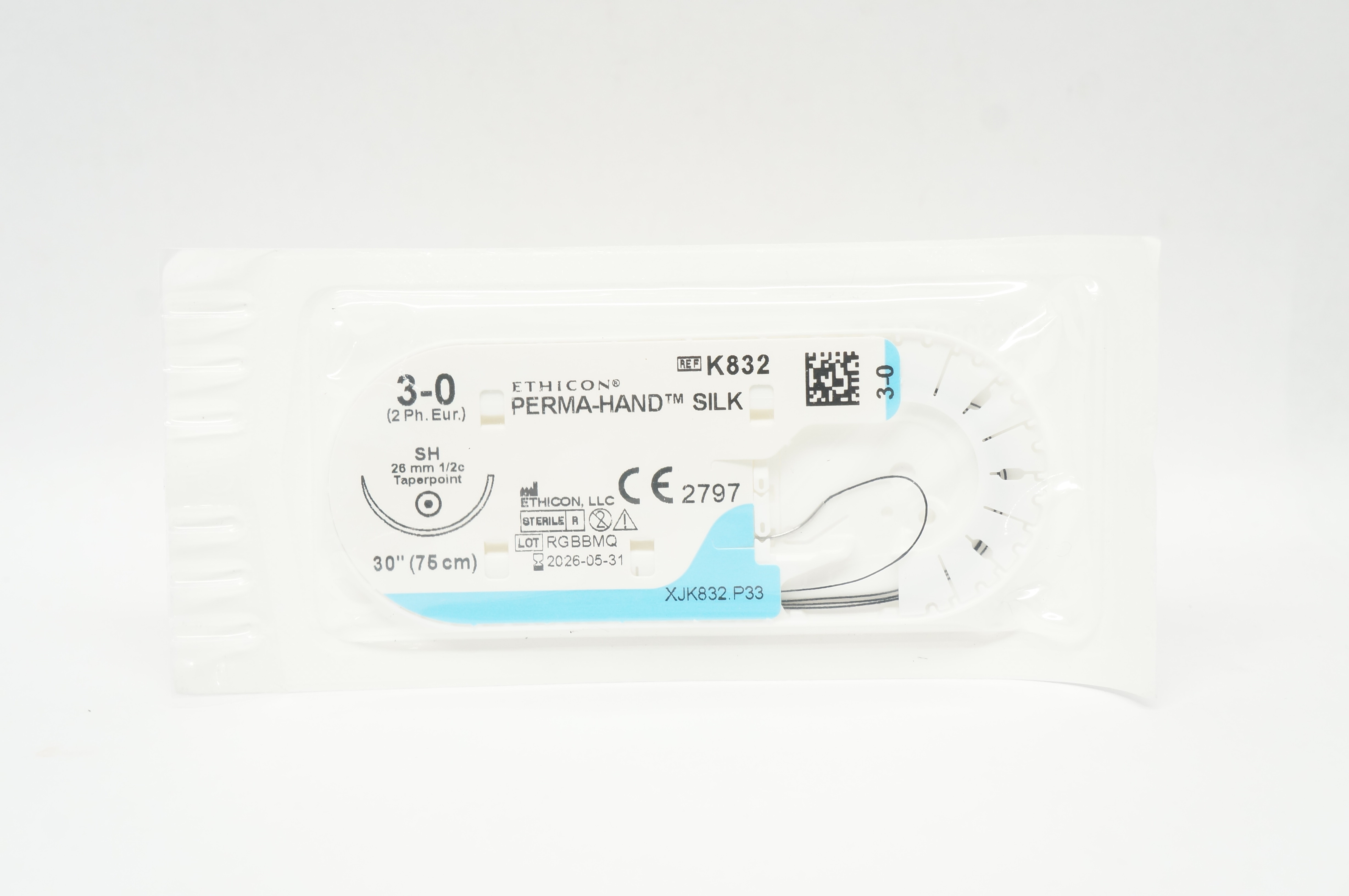 Ethicon K832 3-0 PERMA-HAND SILK SH 26mm 1/2c Taperpoint, 30inch