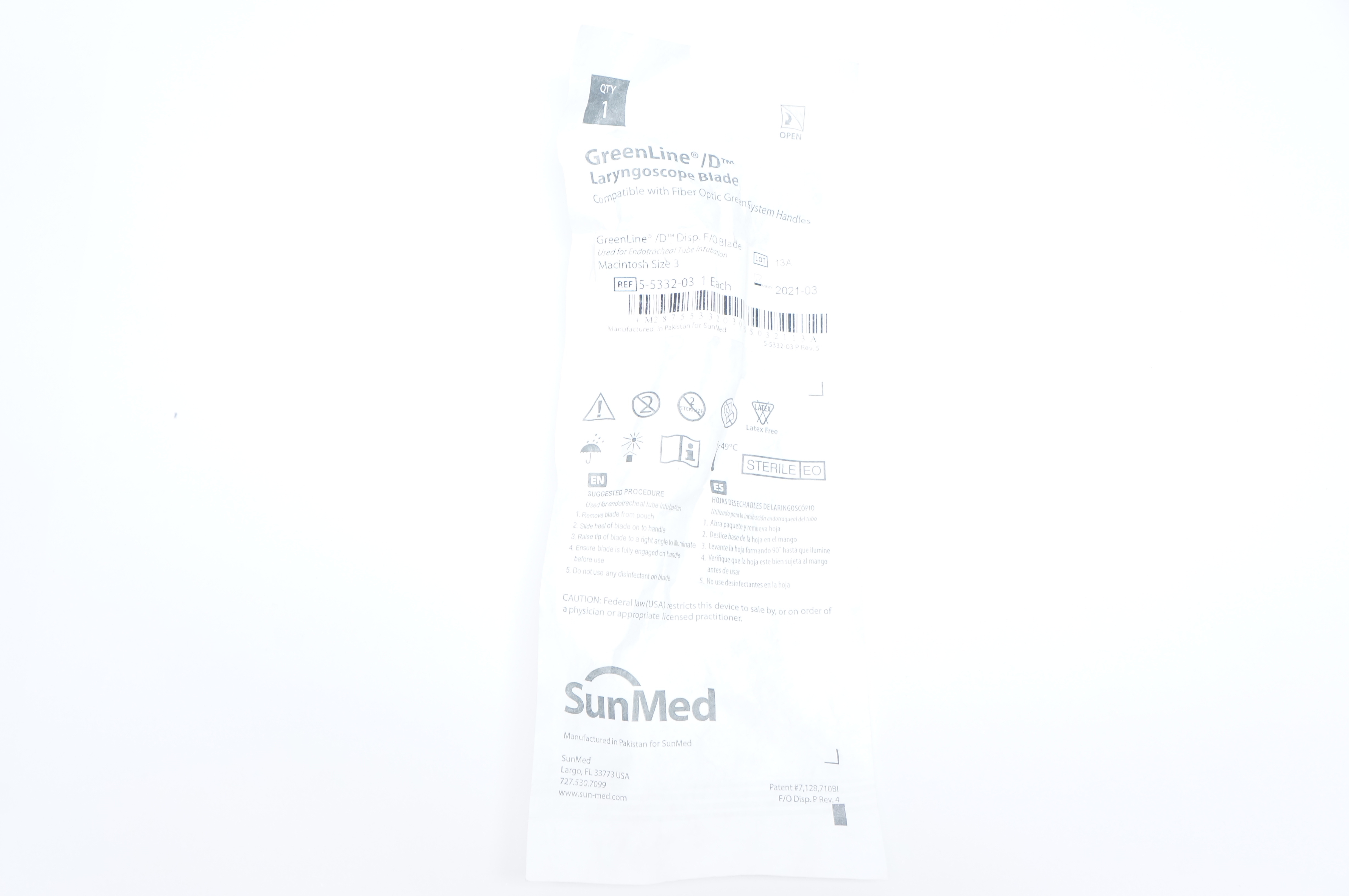 SunMed 5-5332-03 GreenLine/D Sterile Premature Fiber Optic Blade Miller Size 3