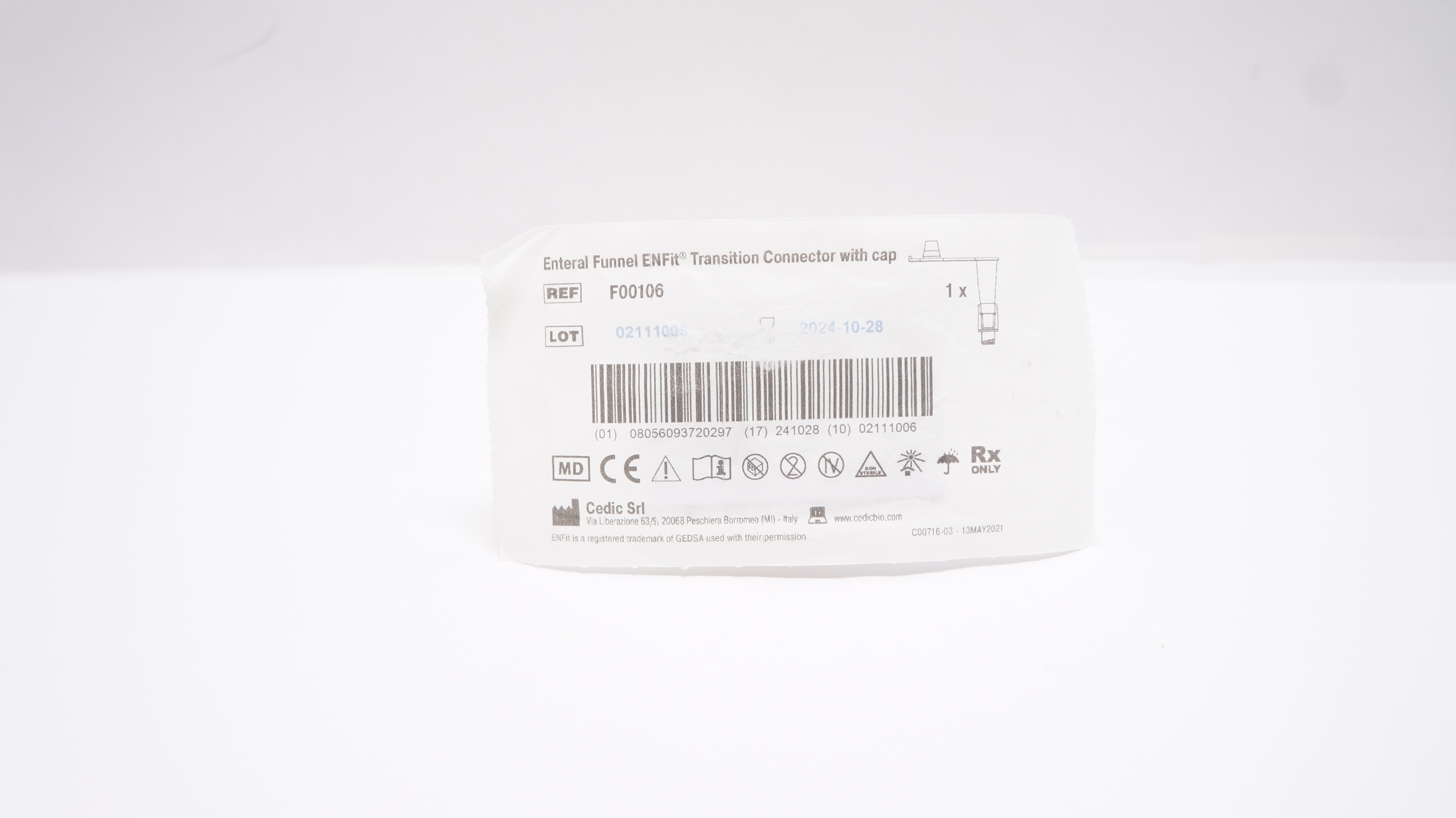 Cedic Srl F00106 Enteral Funnel ENFit Transition Connector With Cap