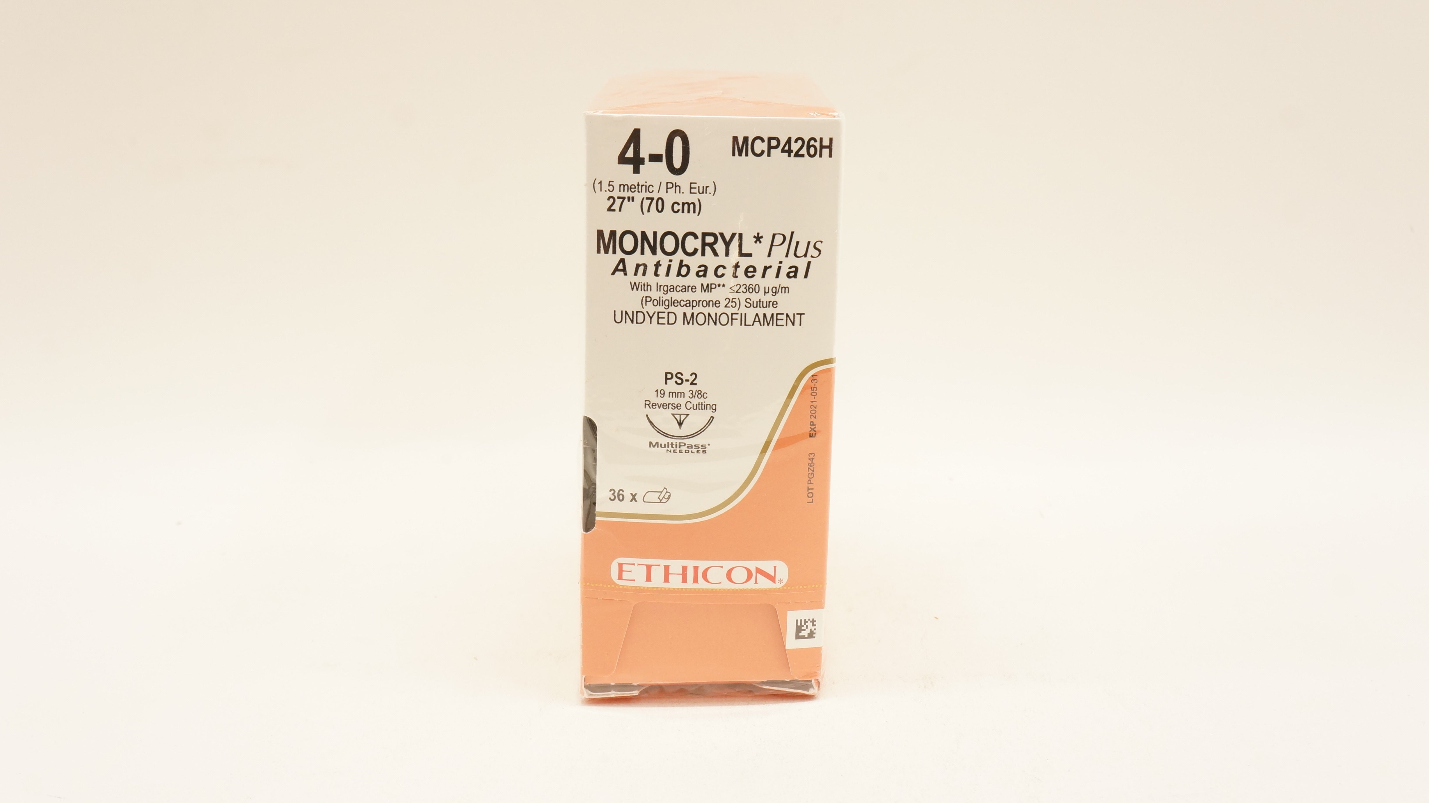 Ethicon MCP426H MONOCRYL Plus Suture PS-2 19mm 3/8c Taper 27inch - Box of 36 (x)