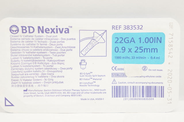 BD 383532 Nexiva Closed IV Cath. System - Dual Port 22Ga x 1.00inch (x)