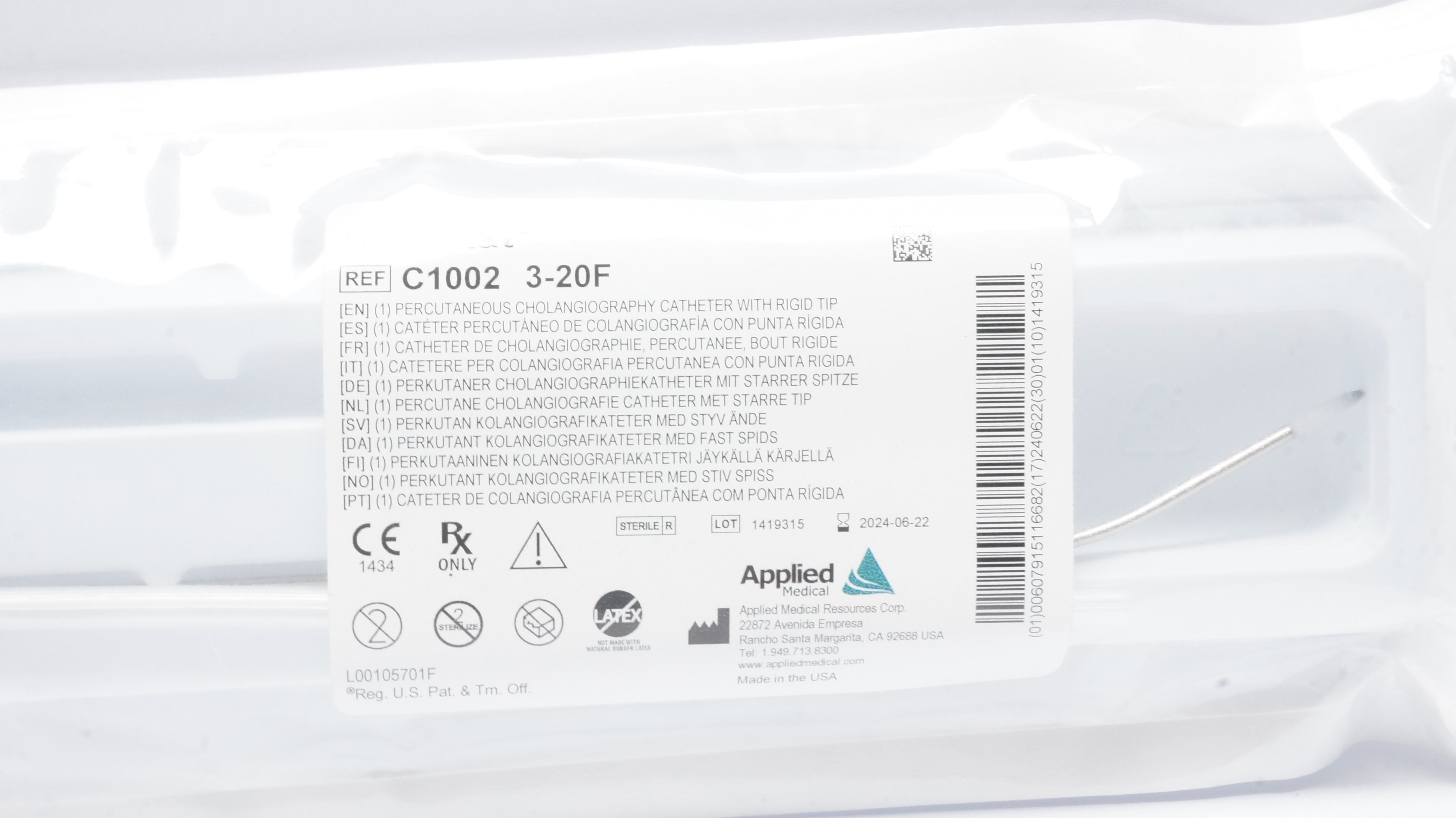 Applied Medical C1002 Percutaneous Cholangiography Catheter w/Rigid Tip 3-20F(x)