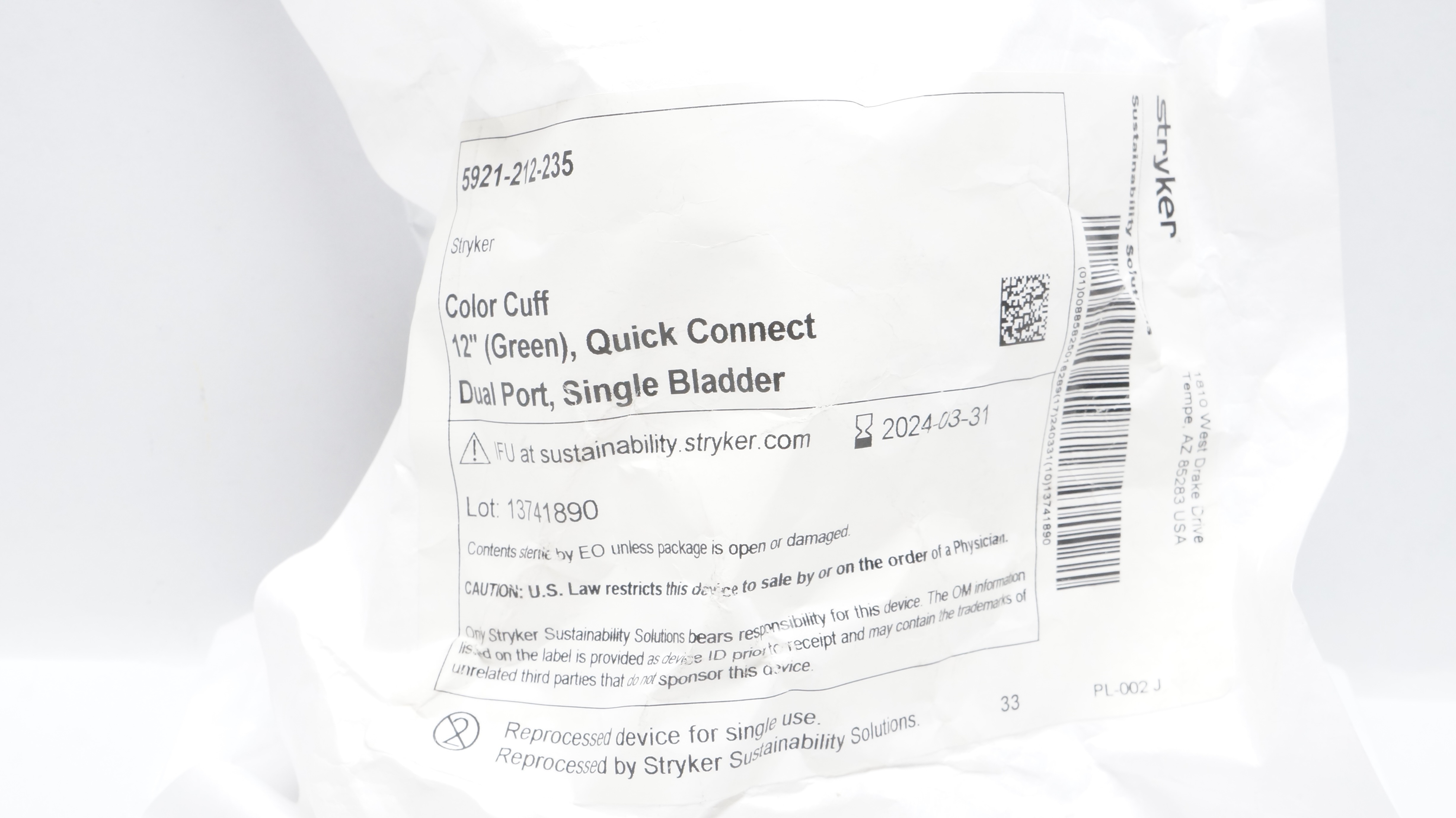 Stryker 5921-212-235 Color Cuff 12inch Quick Connect Dual Port,Single Bladder(x)