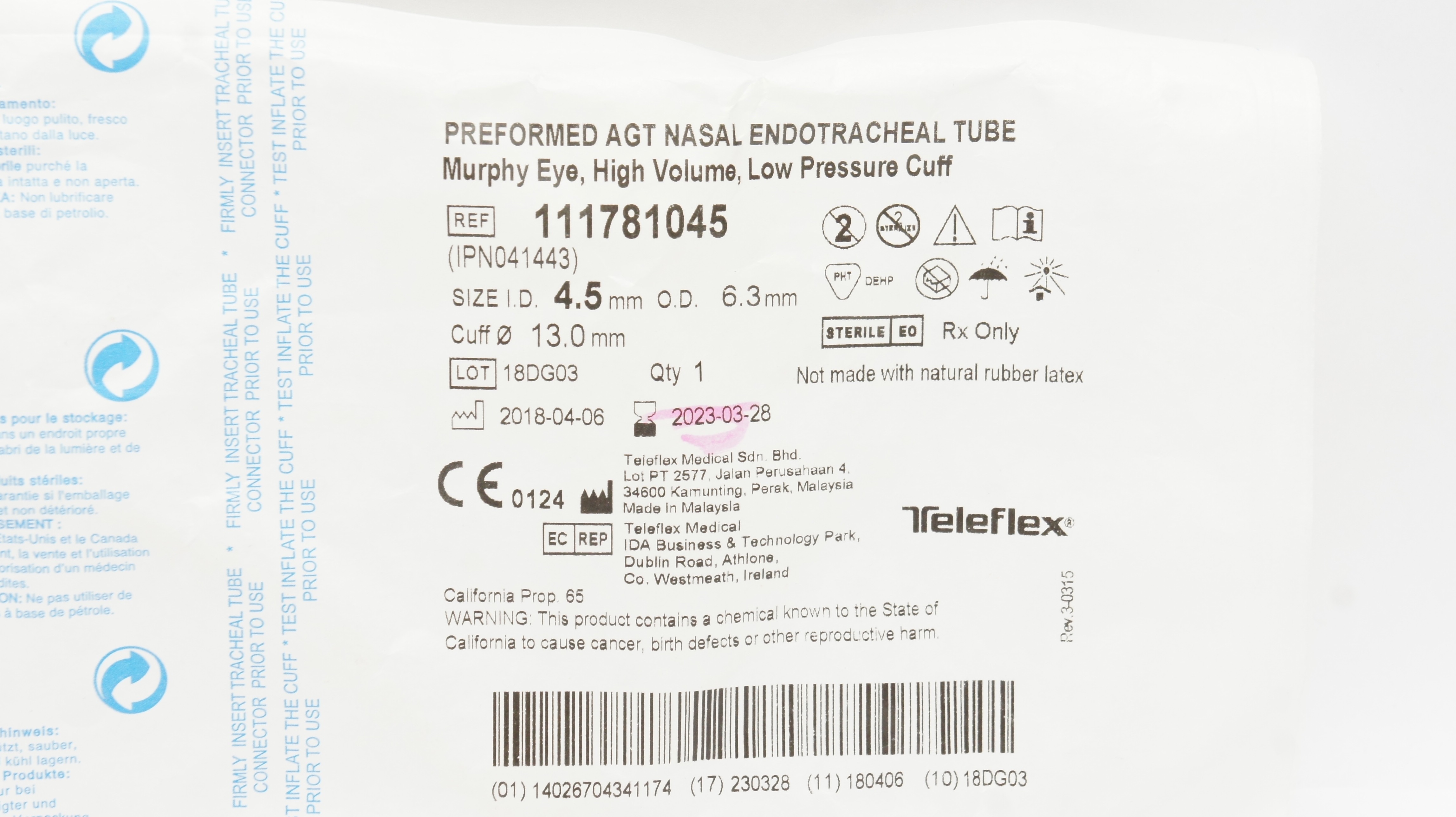 Teleflex 111781045 Preformed Agt Nasal Endotracheal Tube 4.5mmID x 6.3mmOD (x)