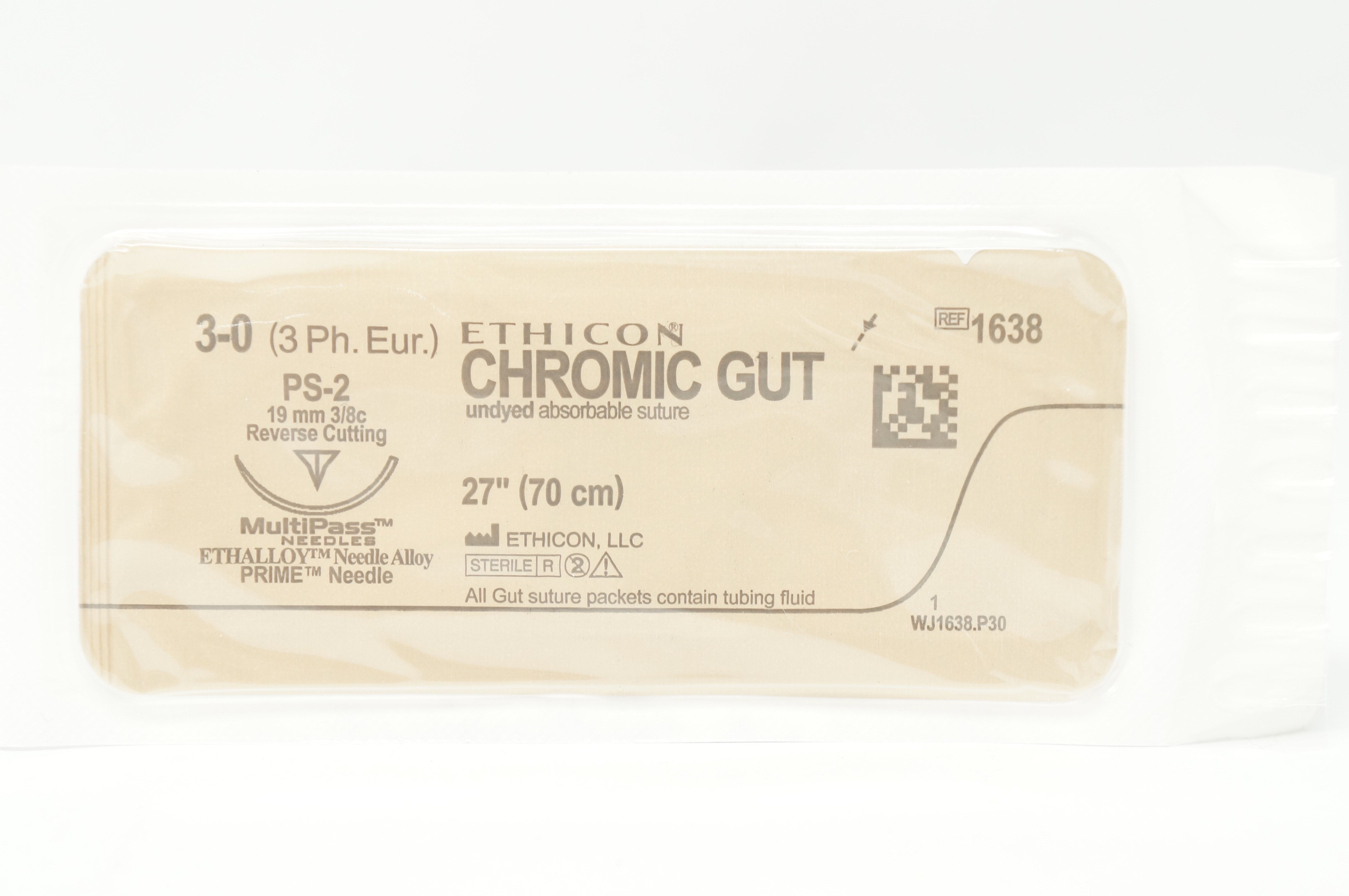 Ethicon 1638 3-0 Chromic Gut PS-2 19mm 3/8c Reverse Cutting 27inch