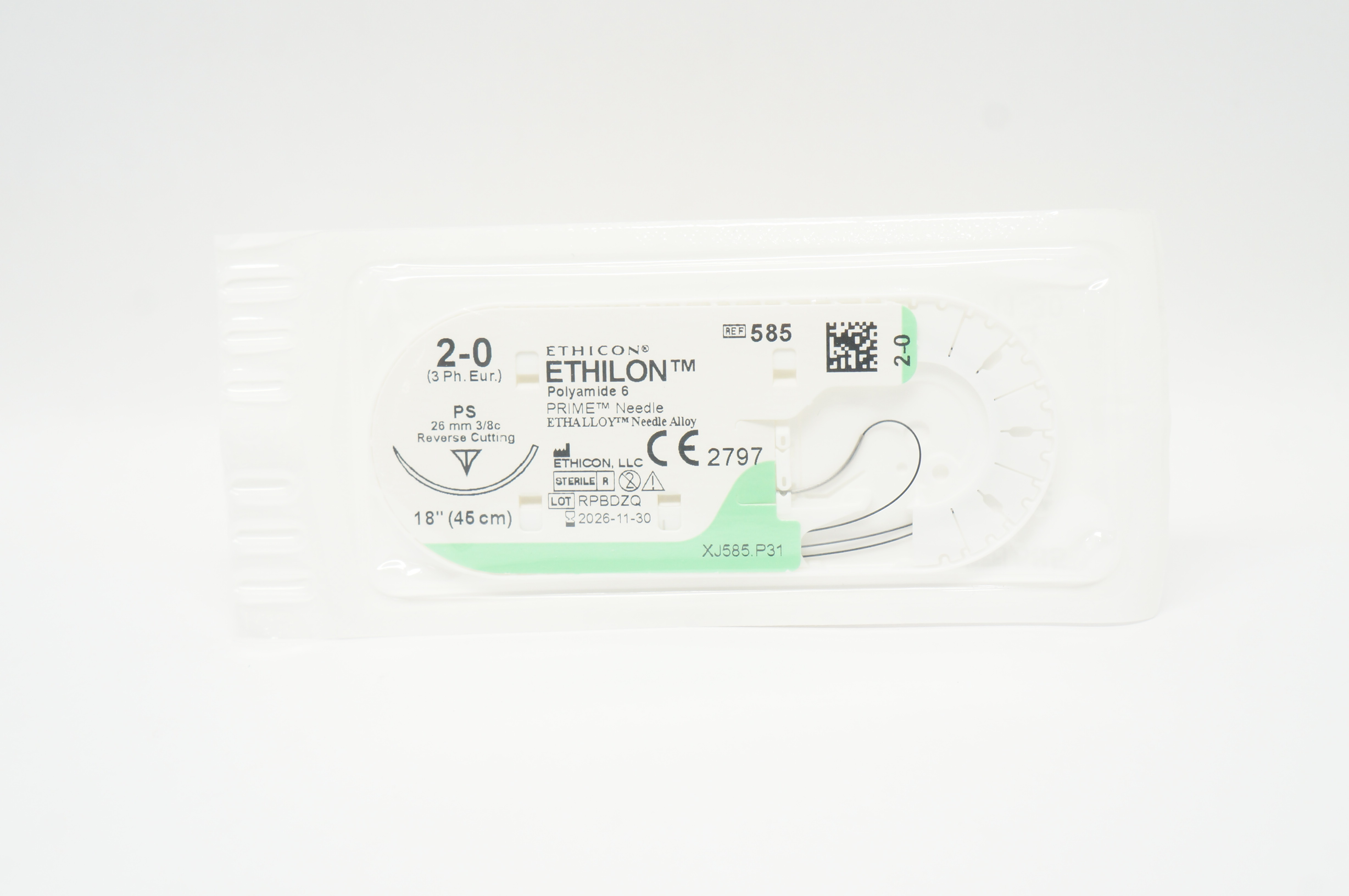 Ethicon 585 2-0 ETHILON Stre PS 26mm 3/8c Reverse Cutting 18inch