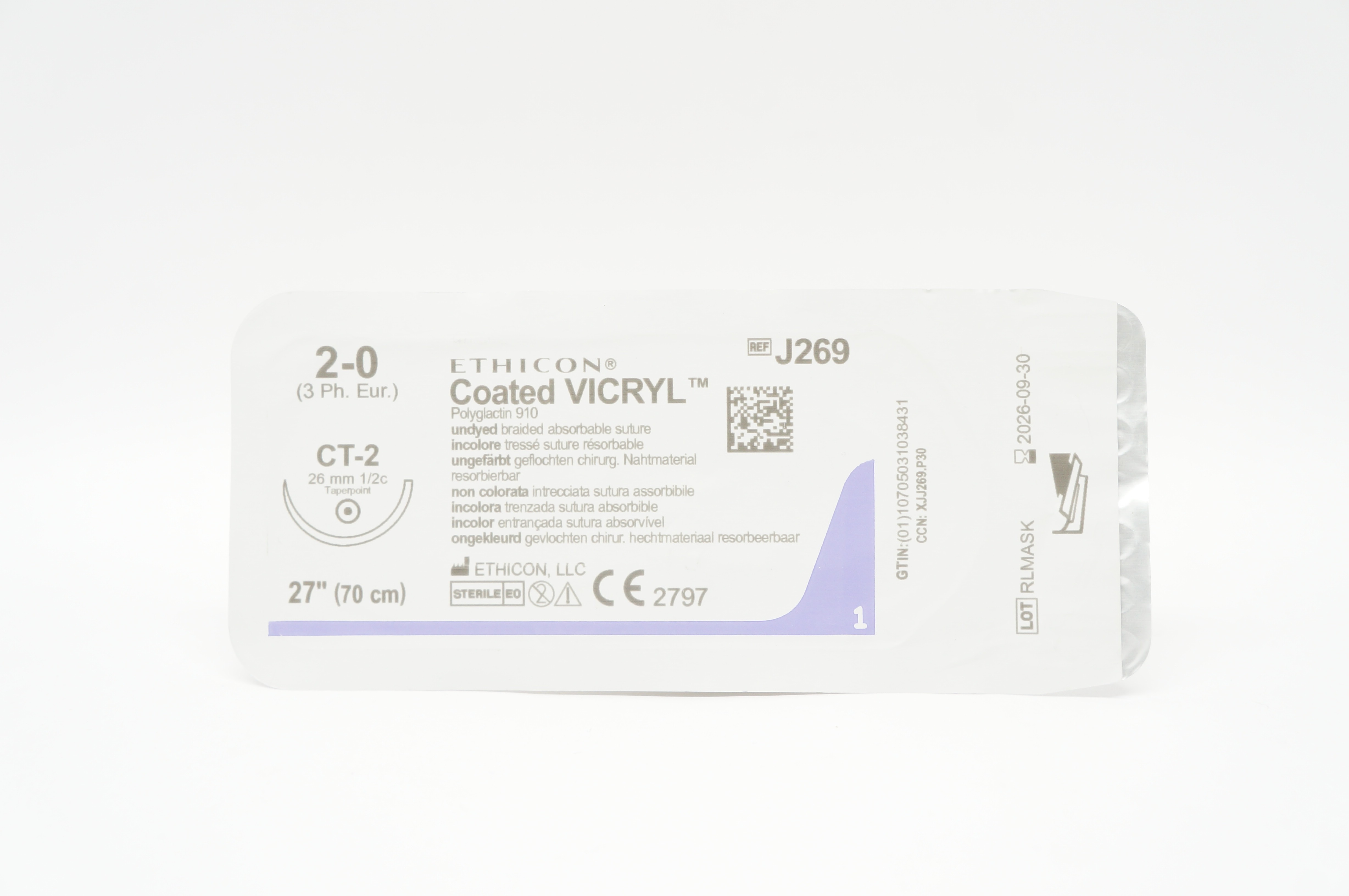 Ethicon J269 2-0 Coated VICRYL Stre. CT-2 26mm 1/2c Taper, 27inch