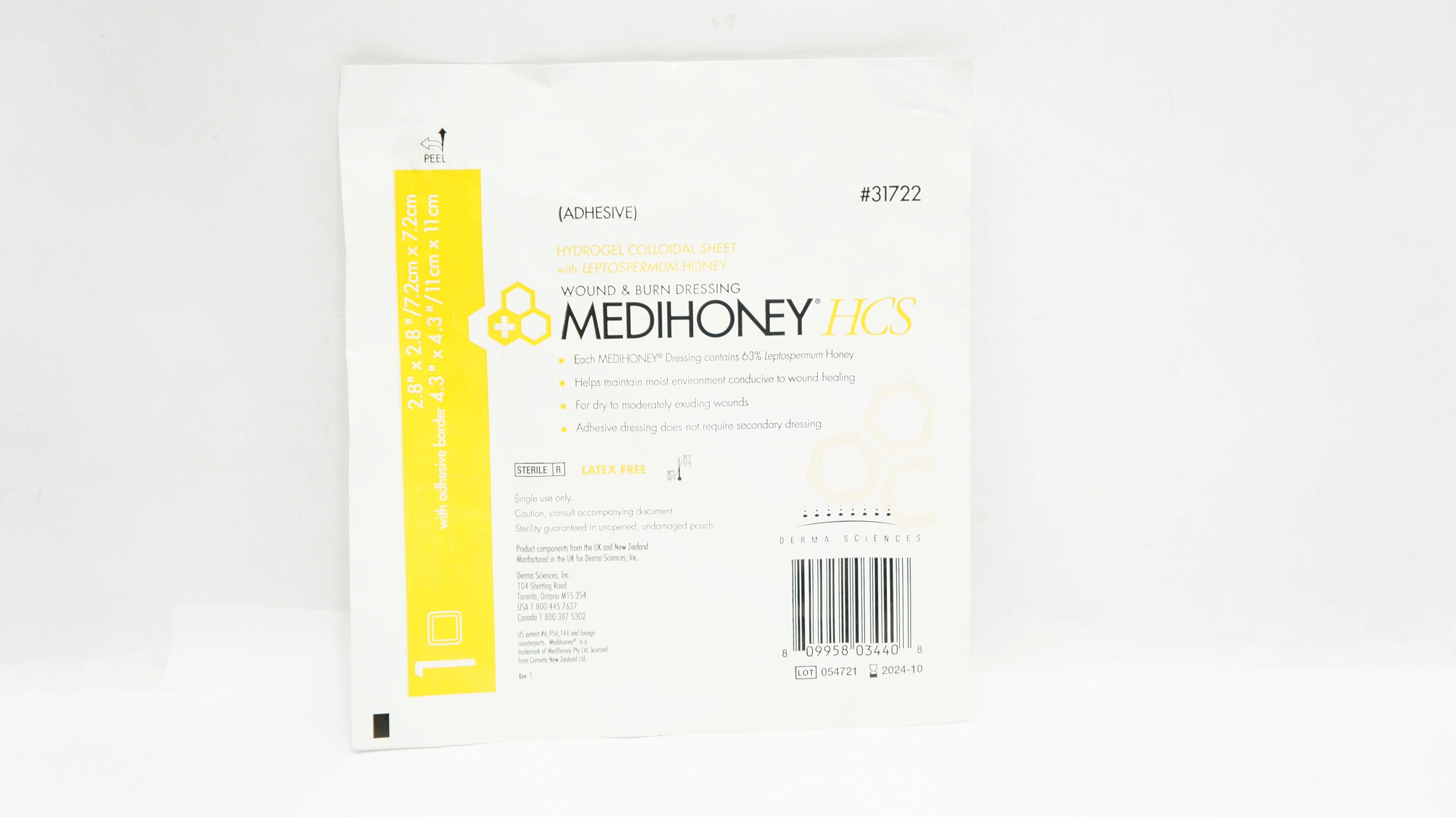 Derma Sciences 31722 Medihoney HCS Wound & Burn Dressing 2.8inch x 2.8inch