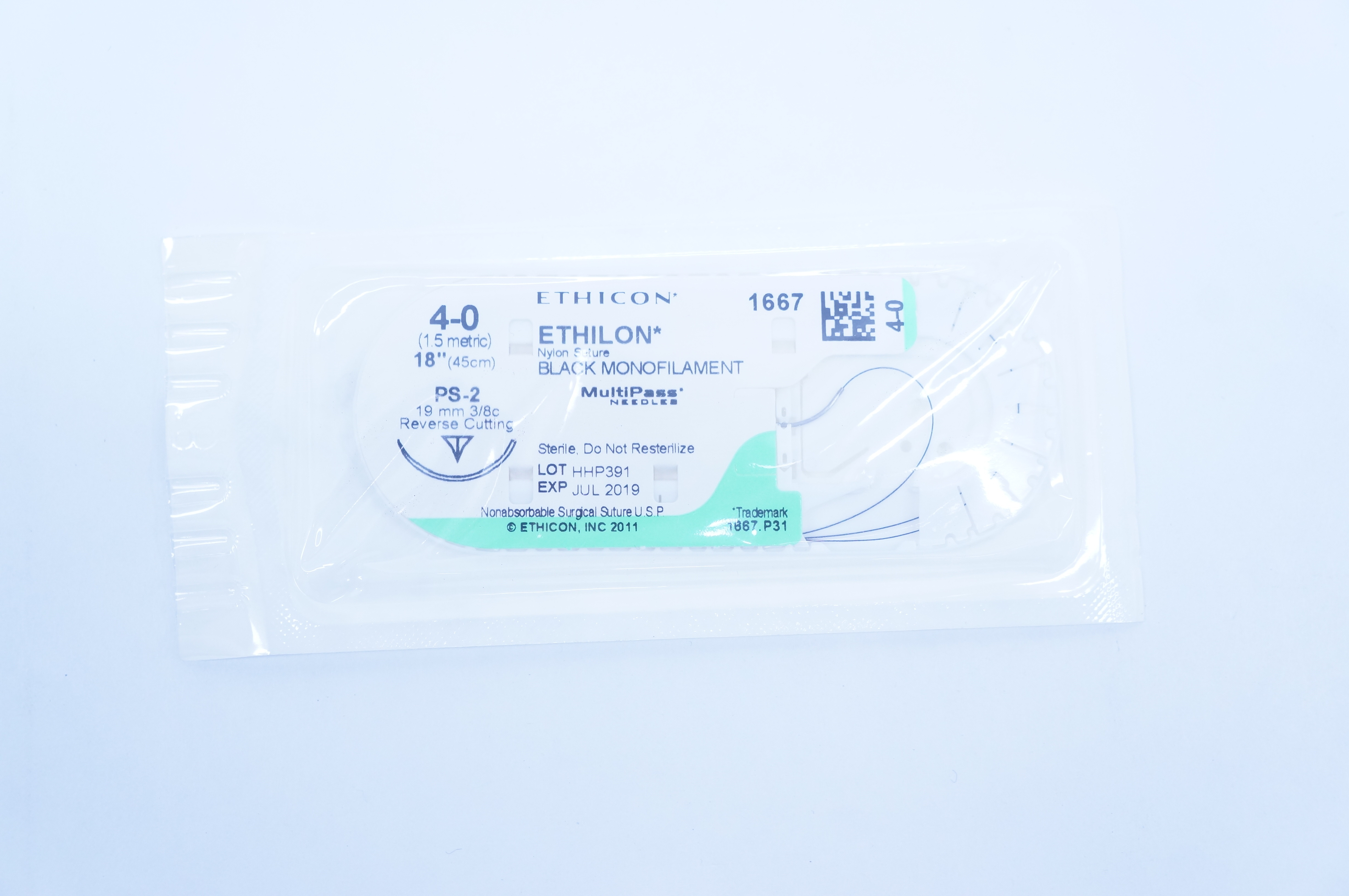 Ethicon 1667 4-0 Ethilon Nylon PS-2 19mm 3/8c Reverse Cutting 18 inch (x)