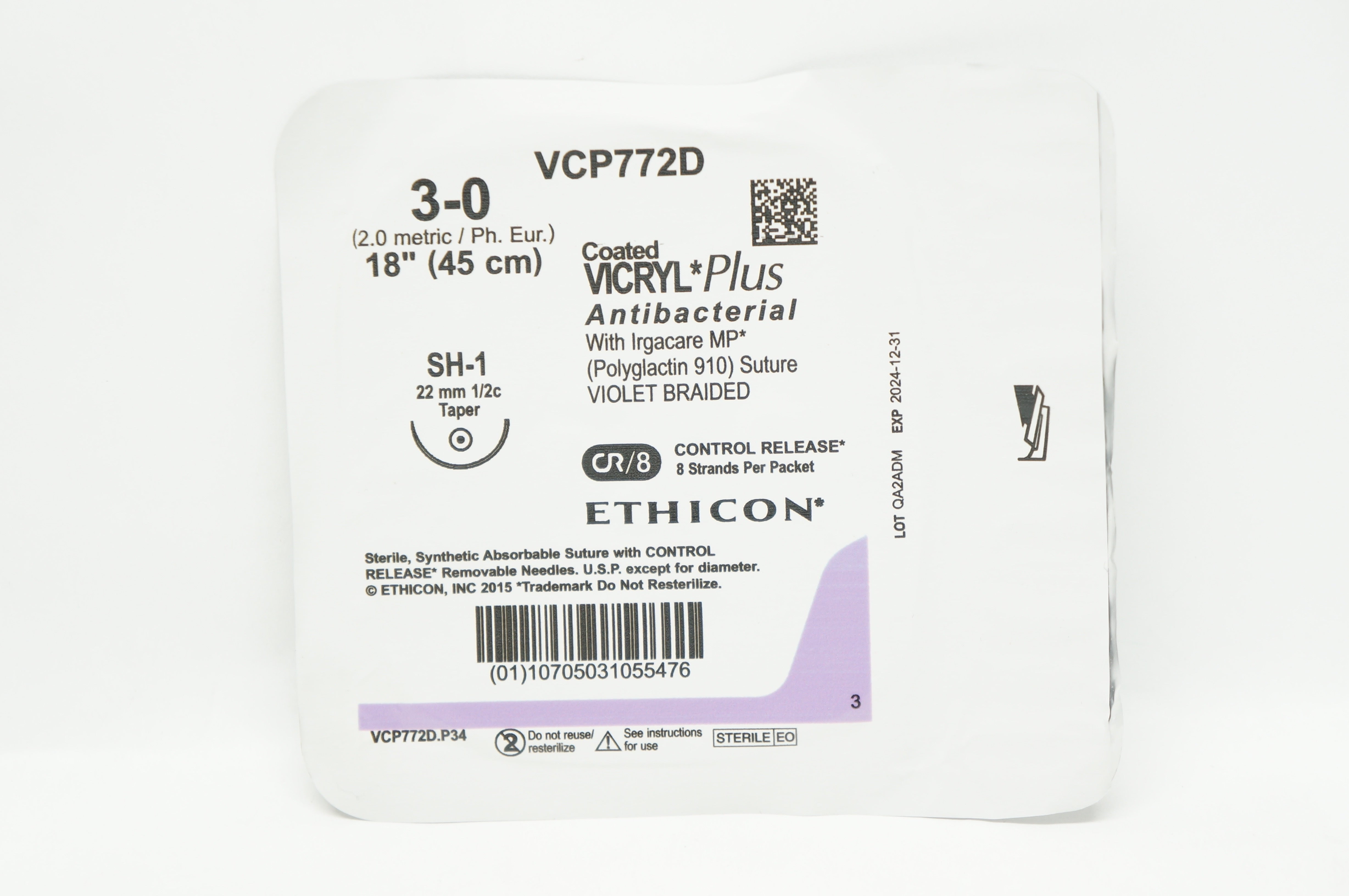 Ethicon VCP772D 3-0 Coated VICRYL Plus SH-1 22mm 1/2c Taper, 18inch