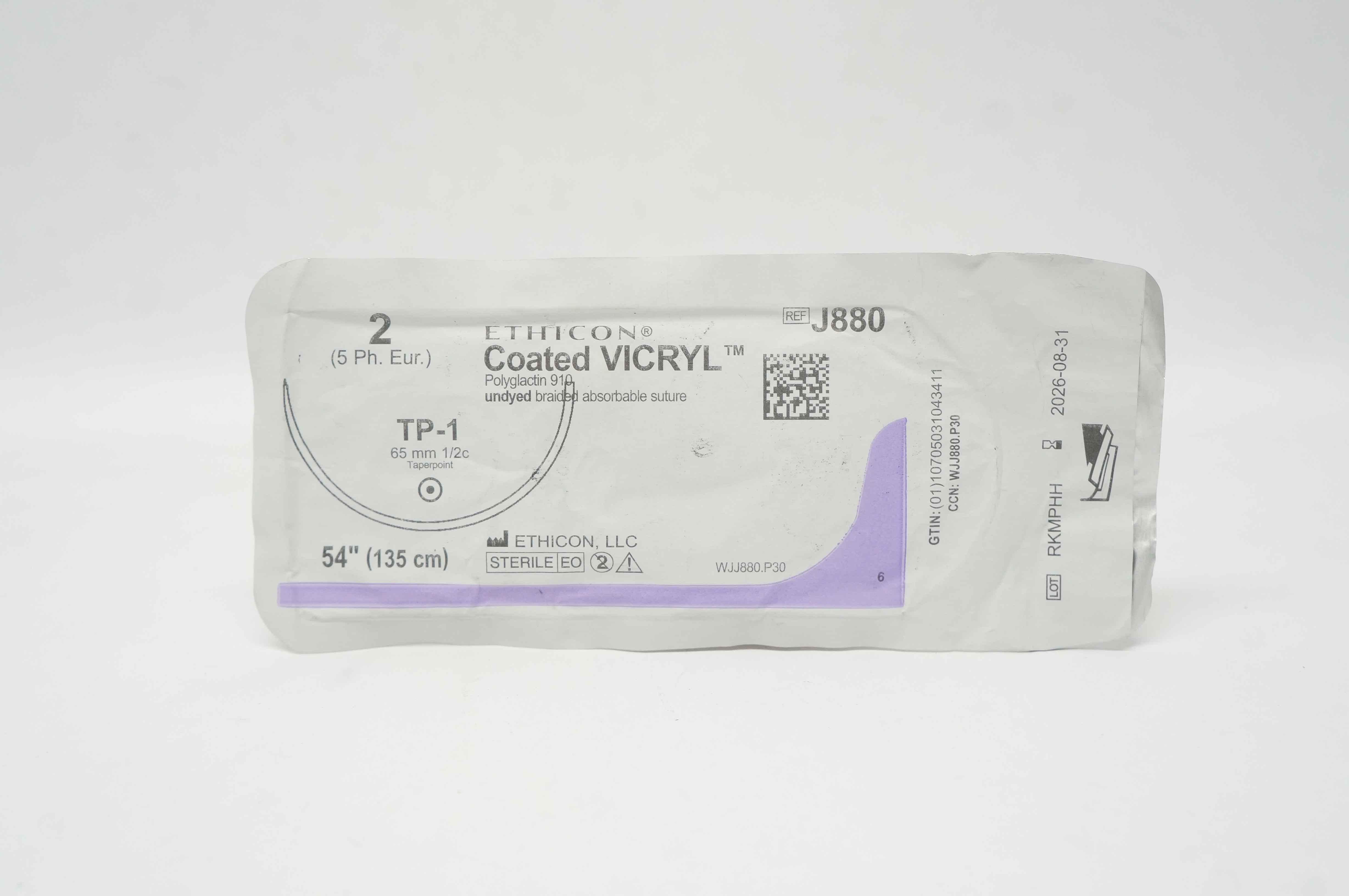Ethicon J880 Coated Vicryl Undyed Braided, TP-1, 65mm 1/2c Taper, 54 inch