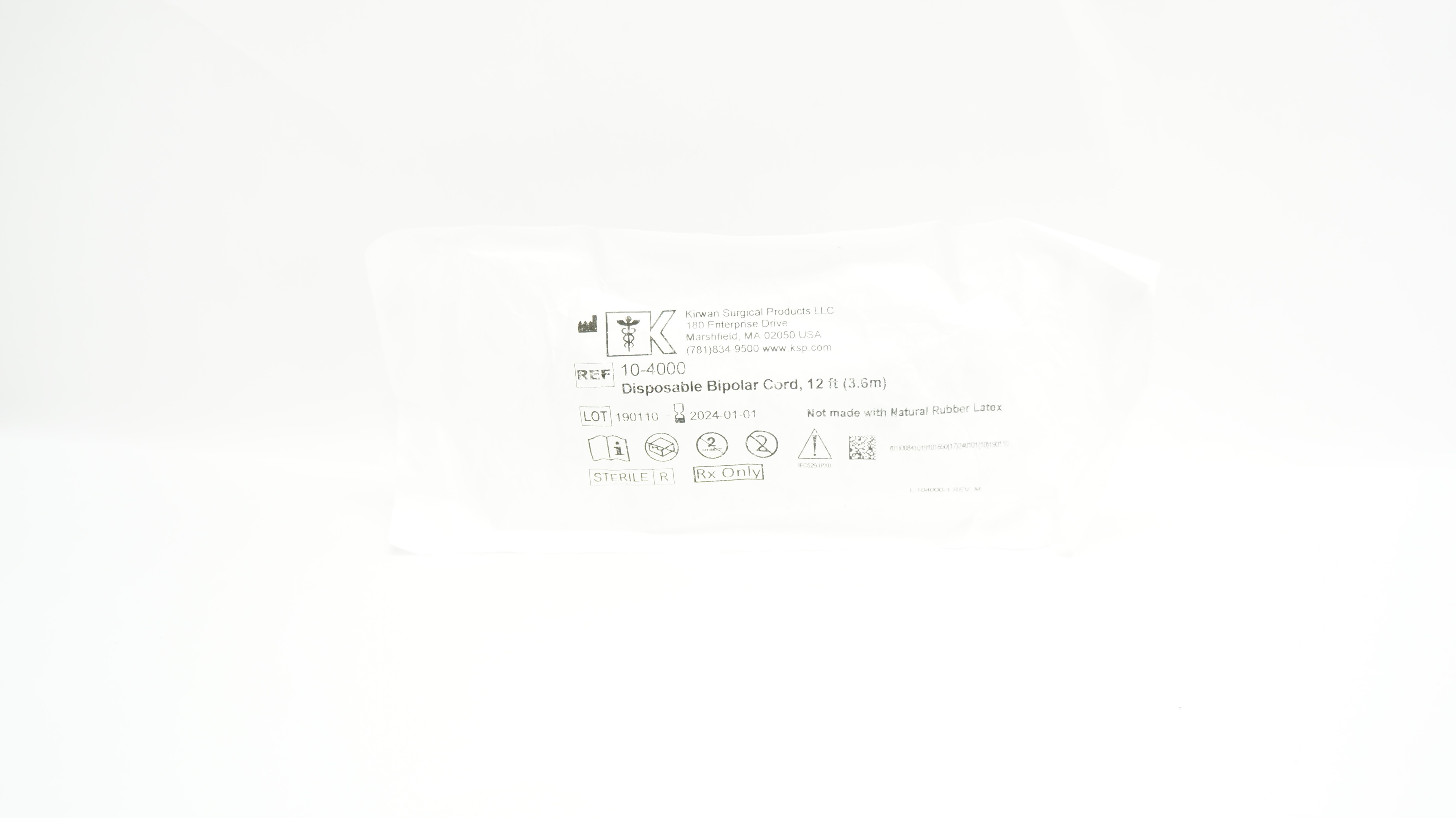 Kirwan Surgical 10-4000 Disposable Bipolar Cord 12ft