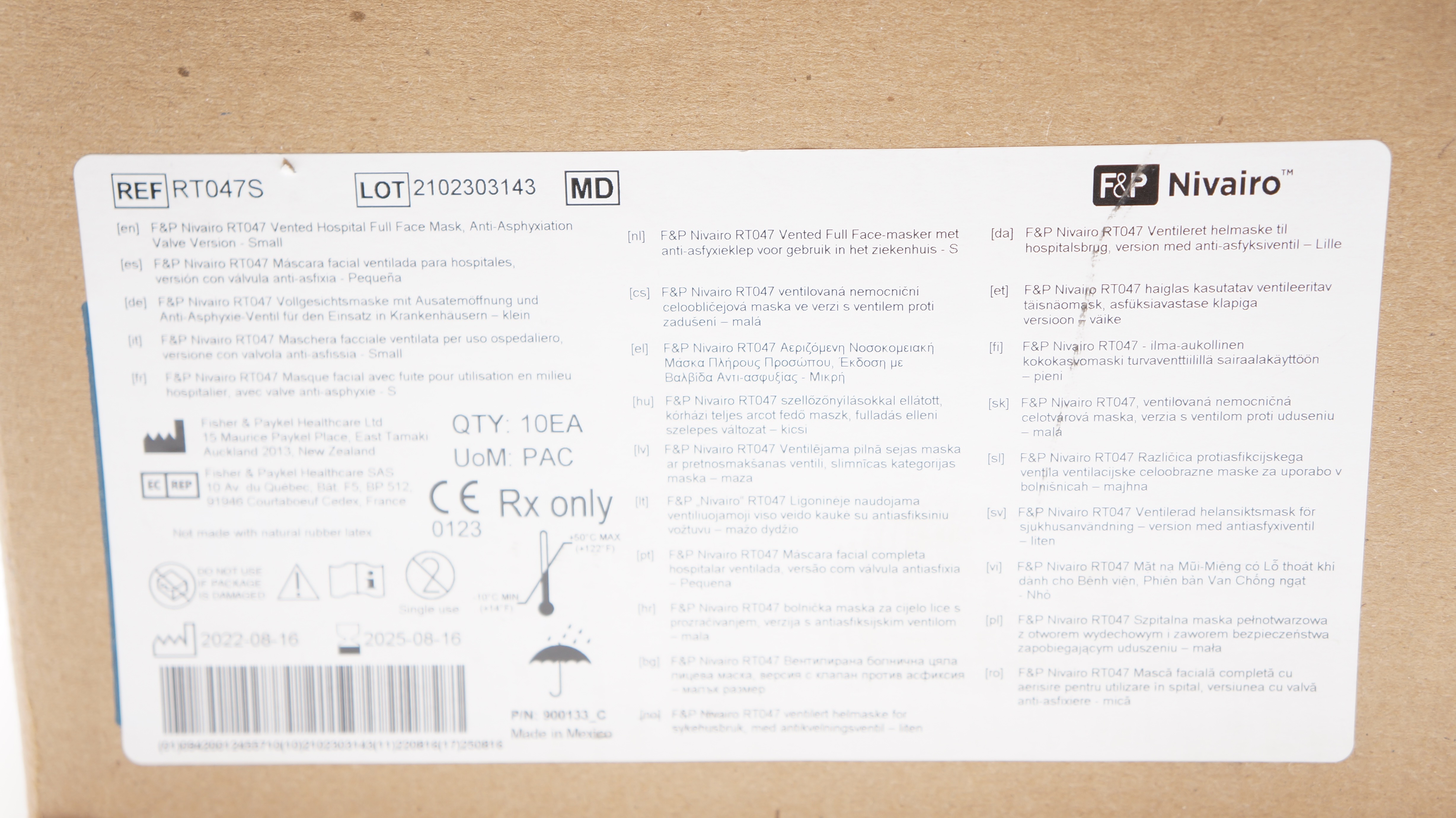 Fisher&Paykel RT047S Nivairo Vented Hospital Full Face Mask, Small - Case of 10