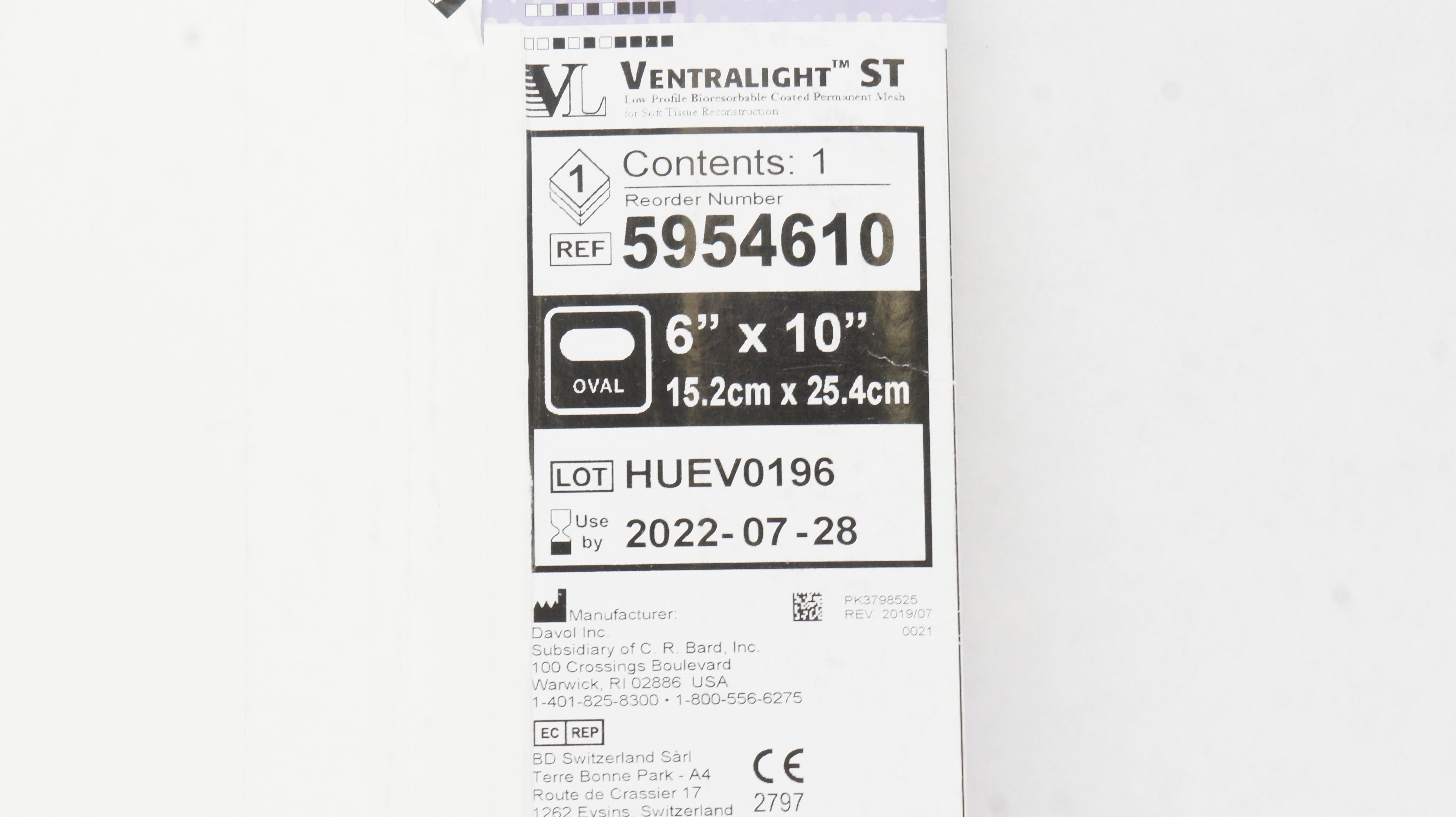 Bard 5954610 Ventralight ST Low Profile Bioresorbable Coated Mesh 6 x 10inch (x)