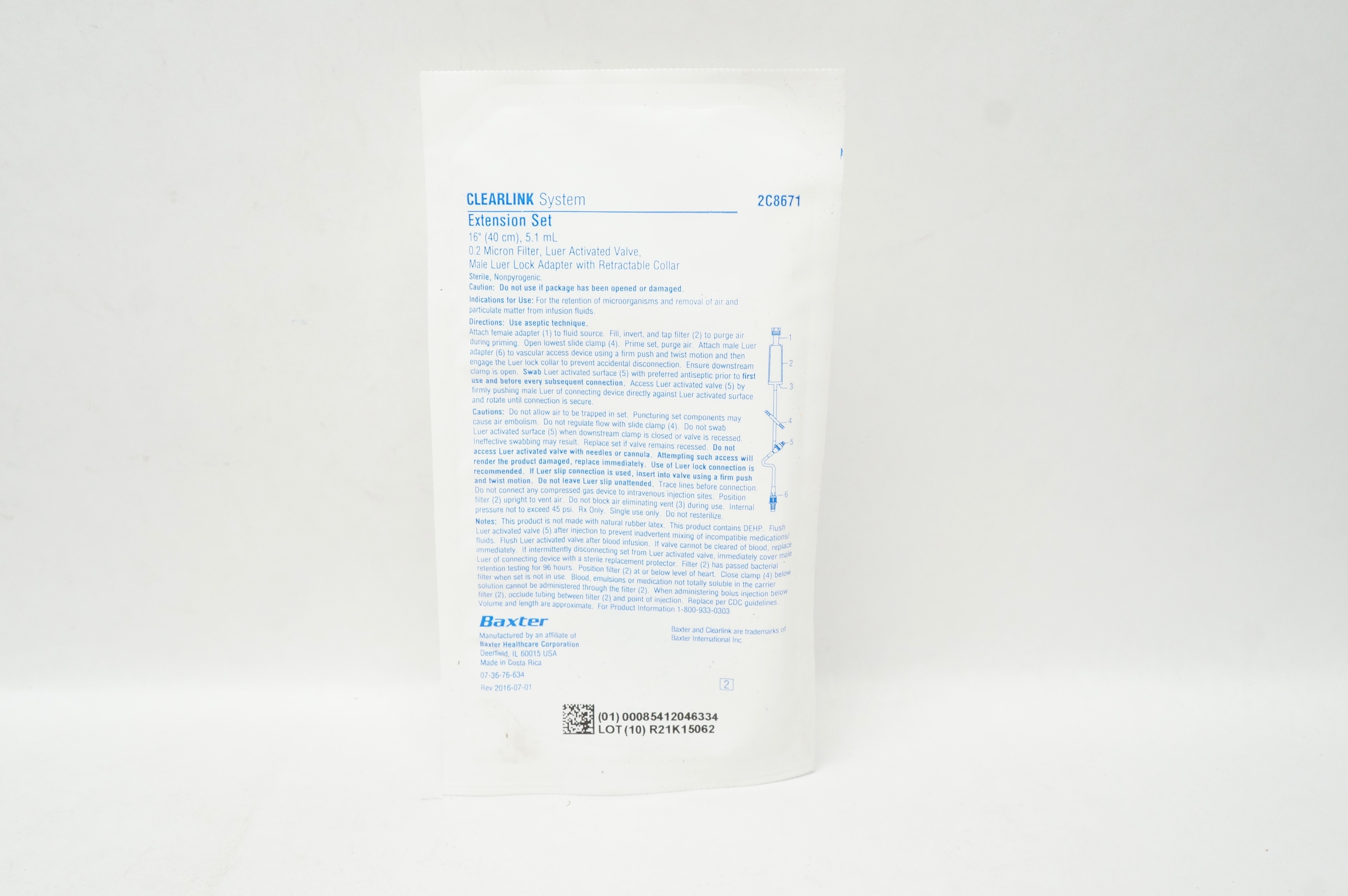 Baxter 2C8671 Clearlink System Extension Set 16 inch x 5.1 mL, 0.2Micron Filter