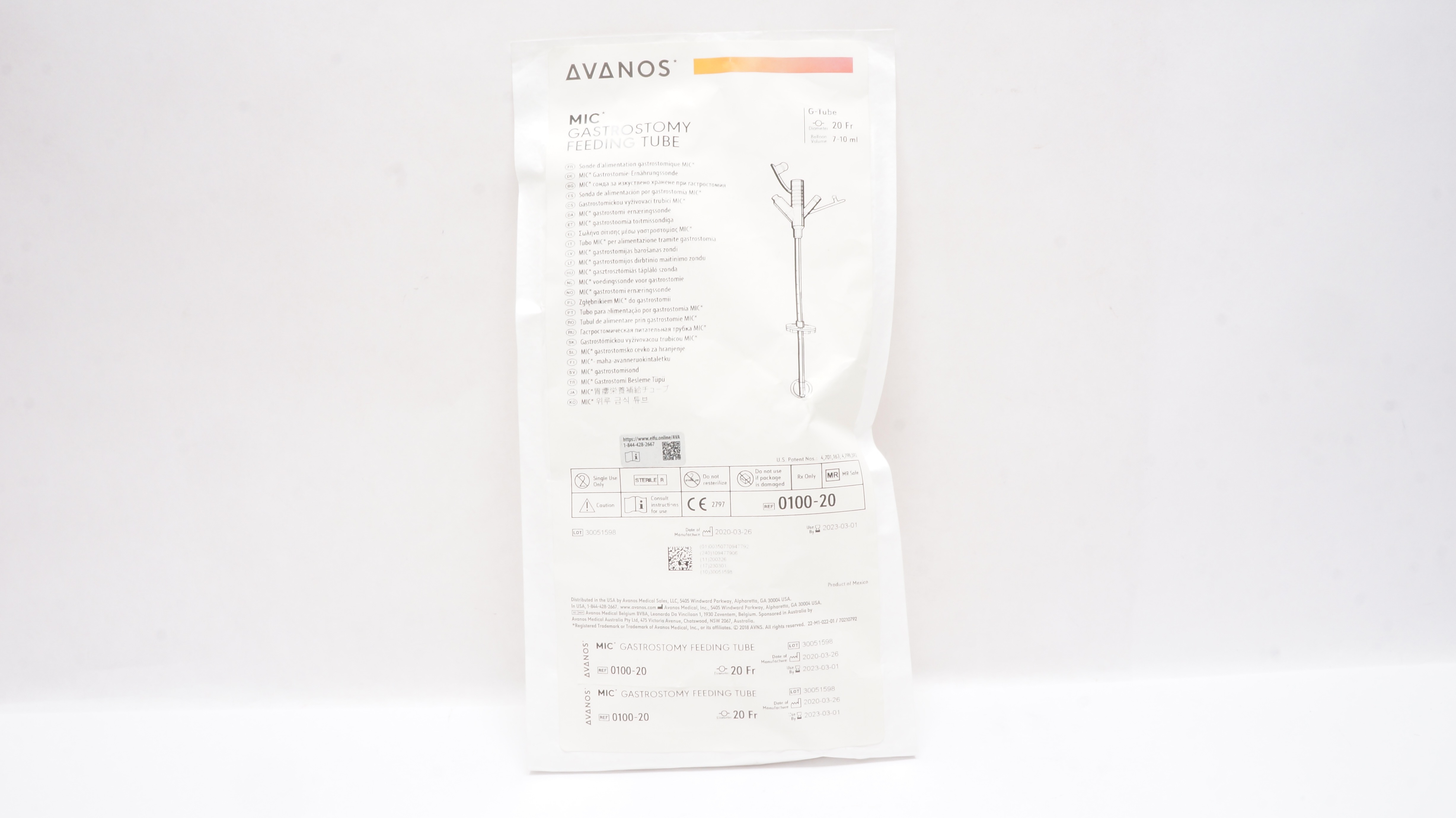 Avanos 0100-20 MIC Gastrostomy Feeding Tube 20Fr. 7-10ml (x)