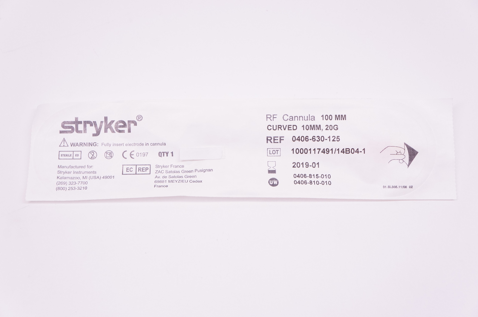 Stryker 0406-630-125 RF Cannula, Curved 100mm, 20G, 10mm Tip (x)