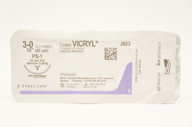 Ethicon J683 Vicryl Polyglactin 910 Stre. Undyed Braided PS-1 24 mm 3/8c 18 inch