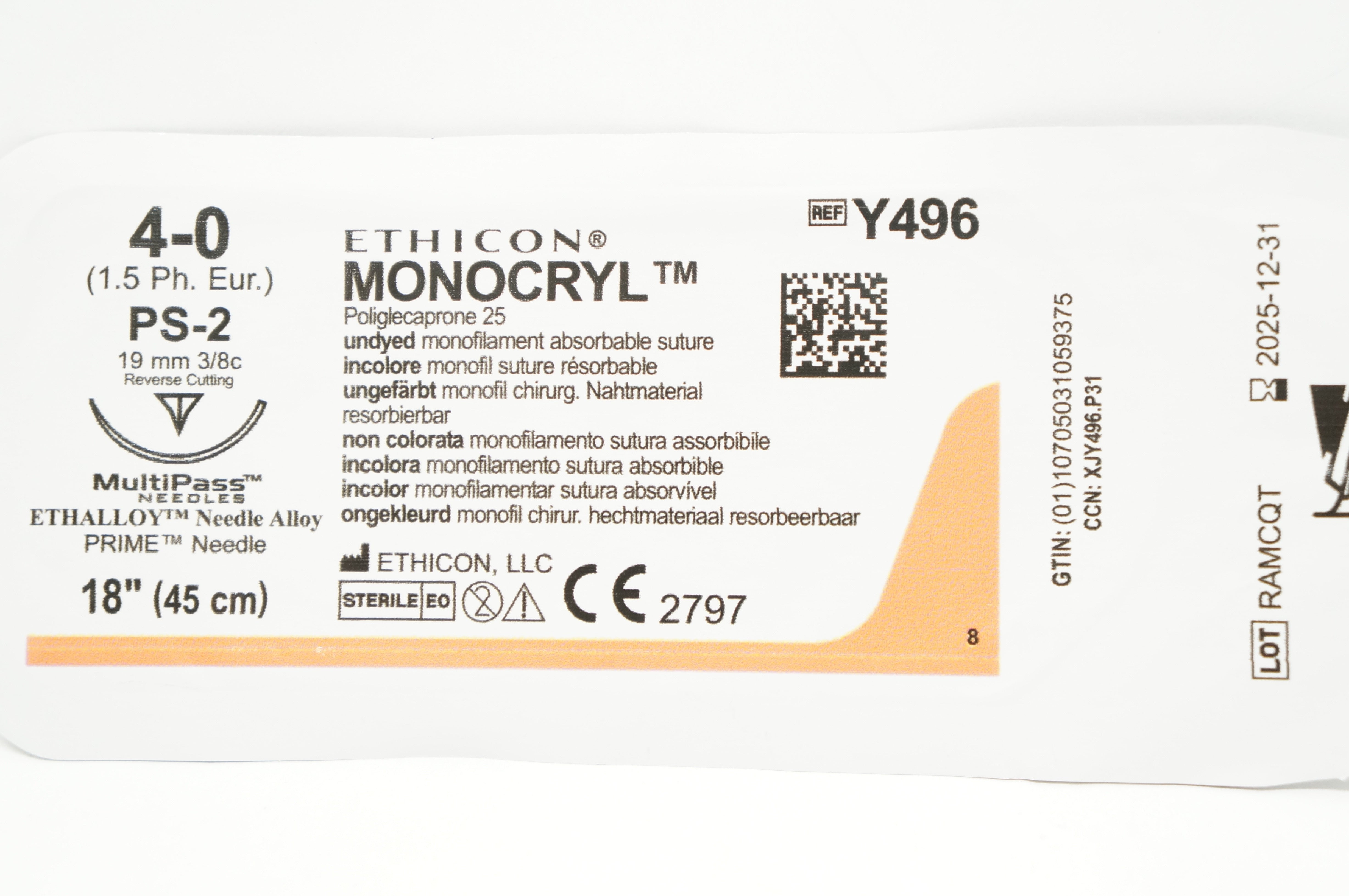 Ethicon Y496 4-0 Monocryl Stre PS-2 19mm 3/8c Reverse Cutting,18 inch